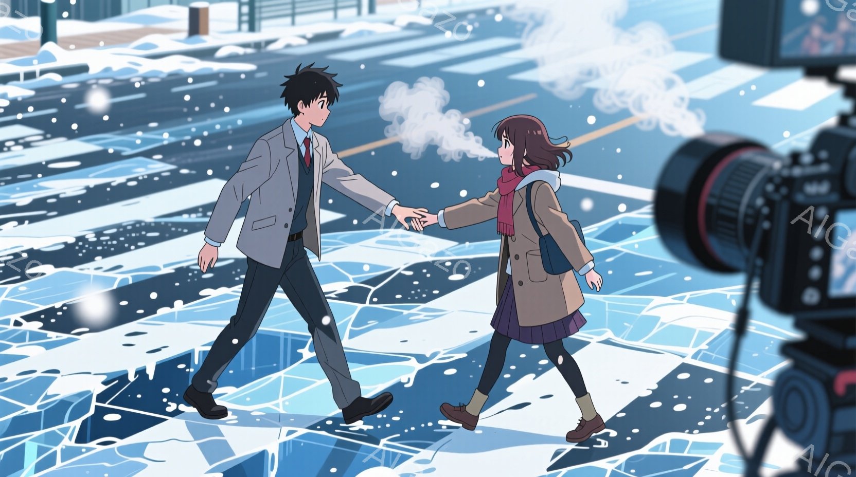 二人のキャラクターが雪の上で手をつないで歩いている様子が描かれています。男性キャラクターはスーツを着ており、女性キャラクターはコートとスカートを着用し、暖かいスカーフを巻いています。背景には雪が積もった道路と建物が見え、雪が舞っている様子が描かれています。