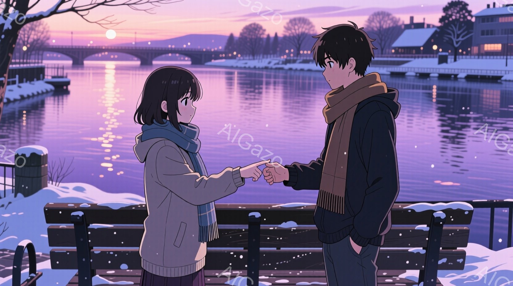 二人のキャラクターが冬の公園でベンチに座っている。女性は灰色のセーターと青いスカーフを着ており、黒髪のショートヘアをしている。男性は黒いフード付きジャケットと茶色のスカーフを着ており、黒髪のショートヘアをしている。二人は指を交差させており、何かを話しているように見える。背景には雪が積もった木々と建物があり、夕暮れ時の空が紫色とオレンジ色で染まっている。