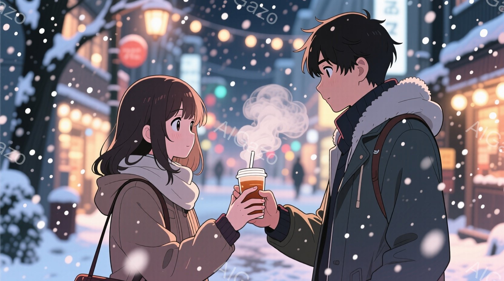 雪が降る冬の街角で、二人のキャラクターが会話をしている様子が描かれています。女性は長い黒髪で、白いスカーフとグレーのジャケットを着ており、笑顔で男性を見ています。男性は黒髪で、フード付きの青いジャケットを着ており、女性から受け取ったホットドリンクを手に持っています。背景には雪が積もった木々や街灯があり、暖かい色の光が点在しています。