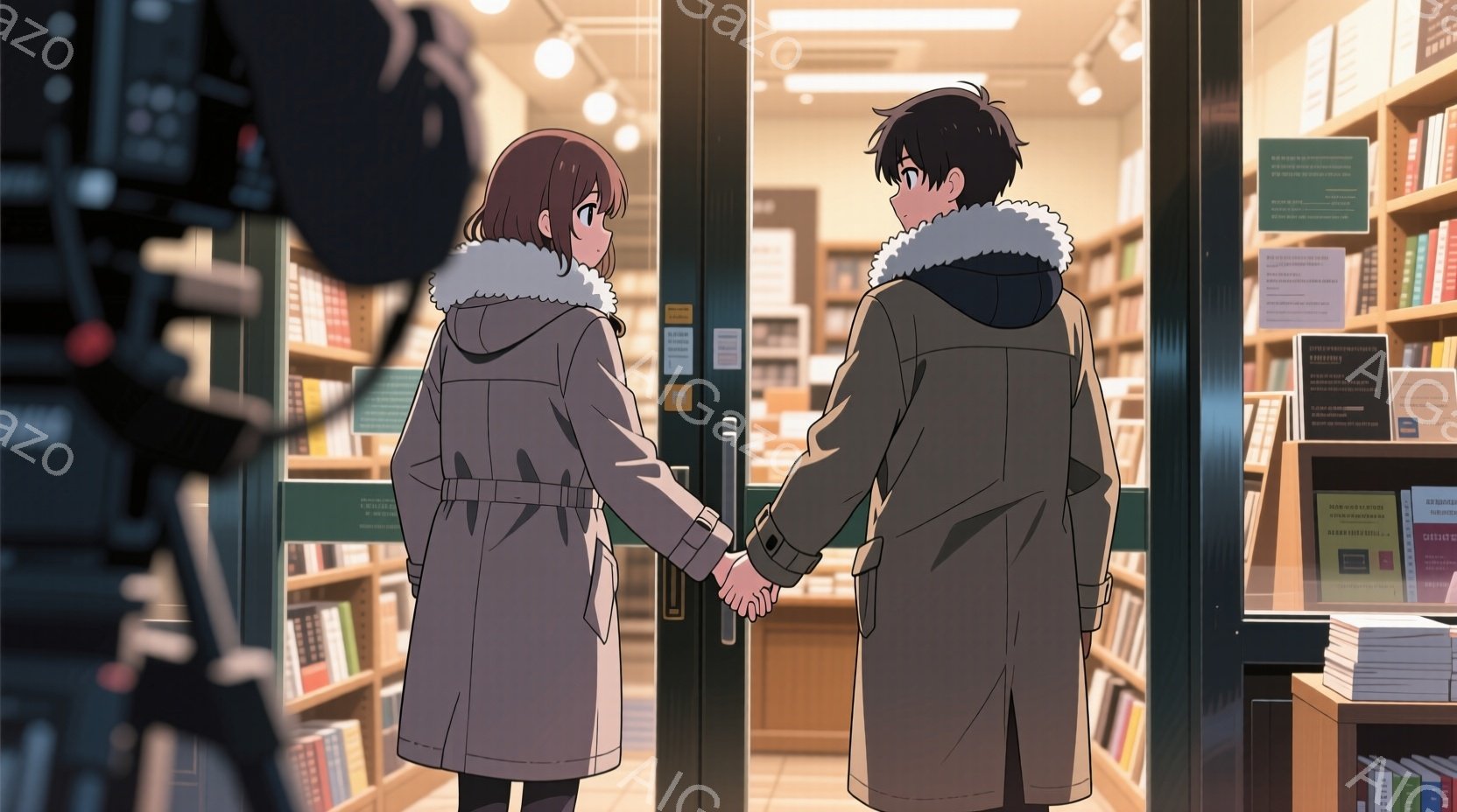 二人のキャラクターが本屋の入口で手をつないでいる様子が描かれています。女性キャラクターは茶色の髪で、灰色のコートを着ており、男性キャラクターは黒い髪で、茶色のコートを着ています。背景には本棚が見え、店内は明るく照らされています。前景には撮影用の照明器具が一部見えます。