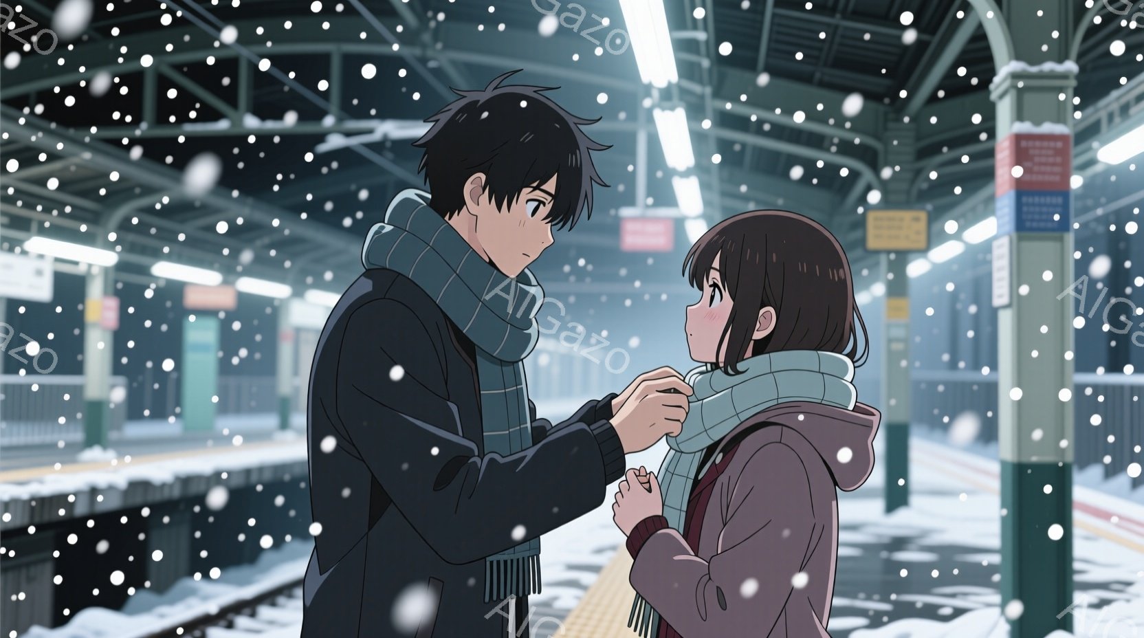 雪が降る駅のプラットフォームで、男性と女性が会話をしている様子が描かれています。男性は黒い髪で、青いスカーフと黒いコートを着ており、女性は茶色の髪で、紫色のコートと青いスカーフを着用しています。二人は - AI生成フリー素材