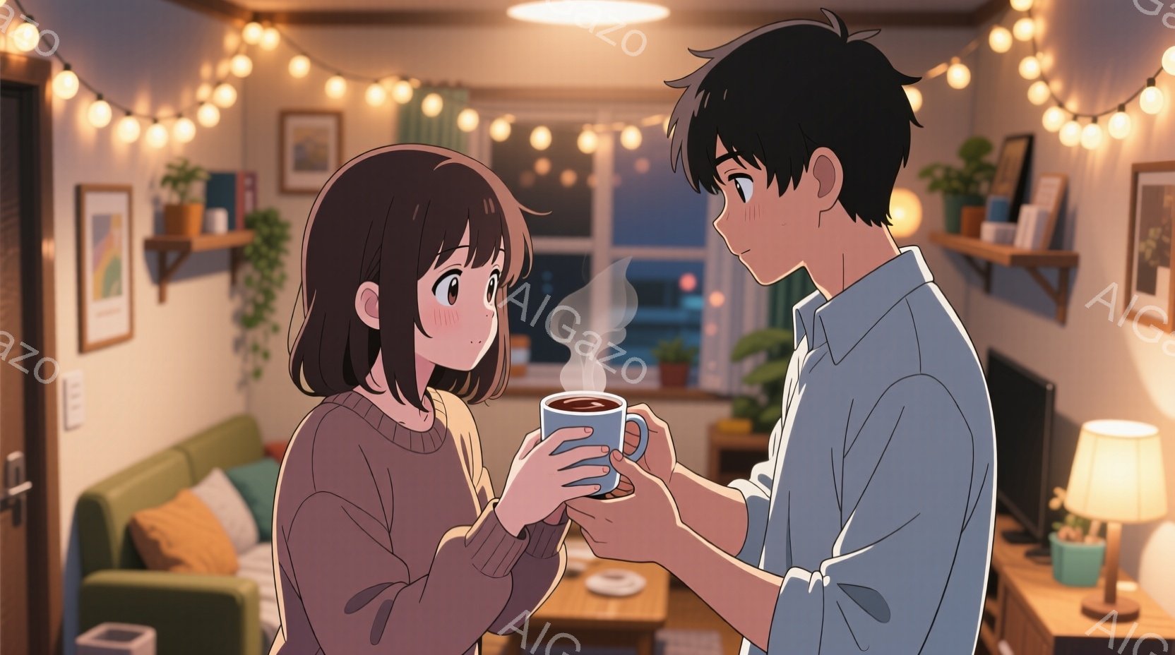 二人のキャラクターが部屋の中で会話をしている様子が描かれています。女性は紫色のセーターを着ており、髪はショートカットです。男性は青いシャツを着ており、髪は黒く長めです。女性は男性にコーヒーを差し出す動作をしており、男性はそれを受け取る準備をしています。背景には暖かい照明の下で飾られたランプと植物があり、窓からは夜景が見えます。