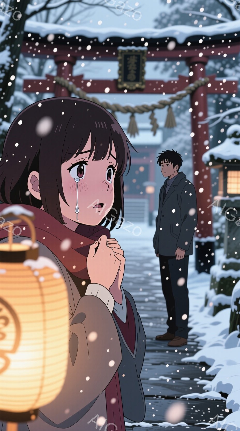 雪が降る冬の夜、赤い鳥居が背景にある神社の参道で、女性が泣きながら手に提げた提灯を照らす。彼女の髪は黒く、目は大きく、涙を流している。男性は彼女の後ろに立っており、彼の表情は心配そうである。周囲は雪に覆われ、静かで寒い雰囲気がある。