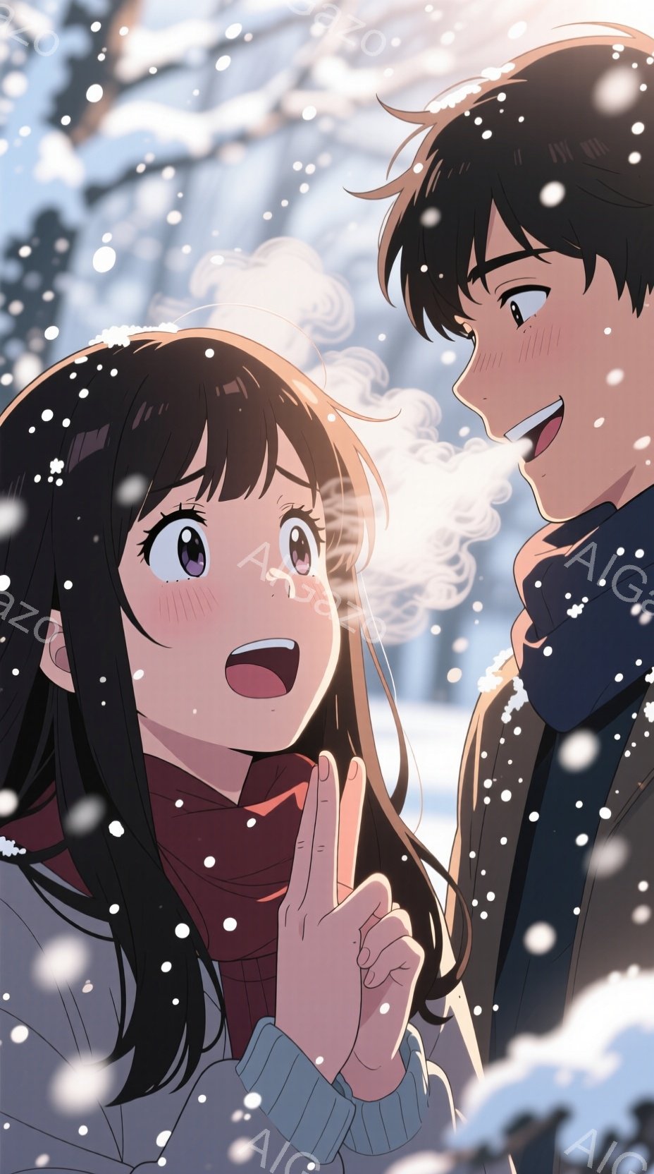 雪が降る冬のシーンで、二人のキャラクターが描かれています。女性キャラクターは長い黒髪で、赤いセーターと青いセーターの袖が見えます。彼女は驚いた表情をしており、指を立てて何かを示しているようです。男性キ - AI生成フリー素材