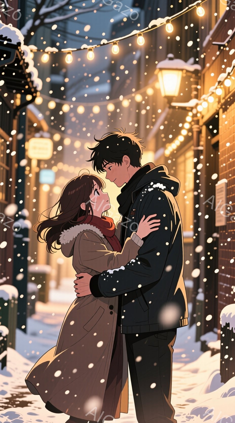 雪が降る冬の街角で、カップルが抱き合っている様子が描かれています。男性は黒いコートを着ており、女性は茶色のコートと赤いスカーフを身にまとい、雪が降る中で笑顔を見せる表情です。背景には街灯が点灯し、暖か - AI生成フリー素材