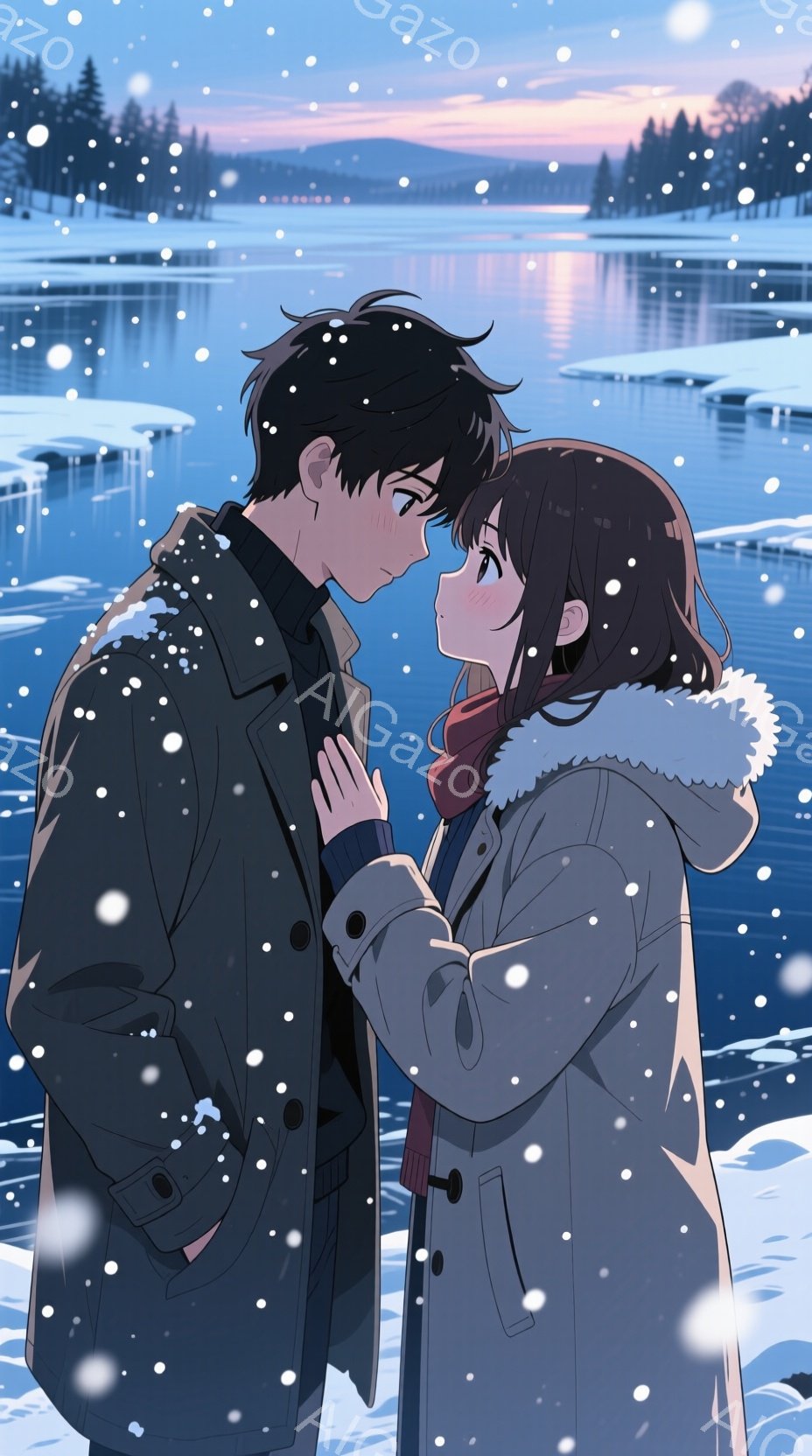 雪が降る冬の夜、湖のほとりでカップルが近づき合っている。男性は黒い髪で、女性は長い黒髪を持つ。二人とも暖かいコートを着ており、女性は赤いスカーフを巻いている。彼らの表情は穏やかで、互いに近づき合っている様子が描かれている。背景には湖と遠くに木々があり、雪が降っている。