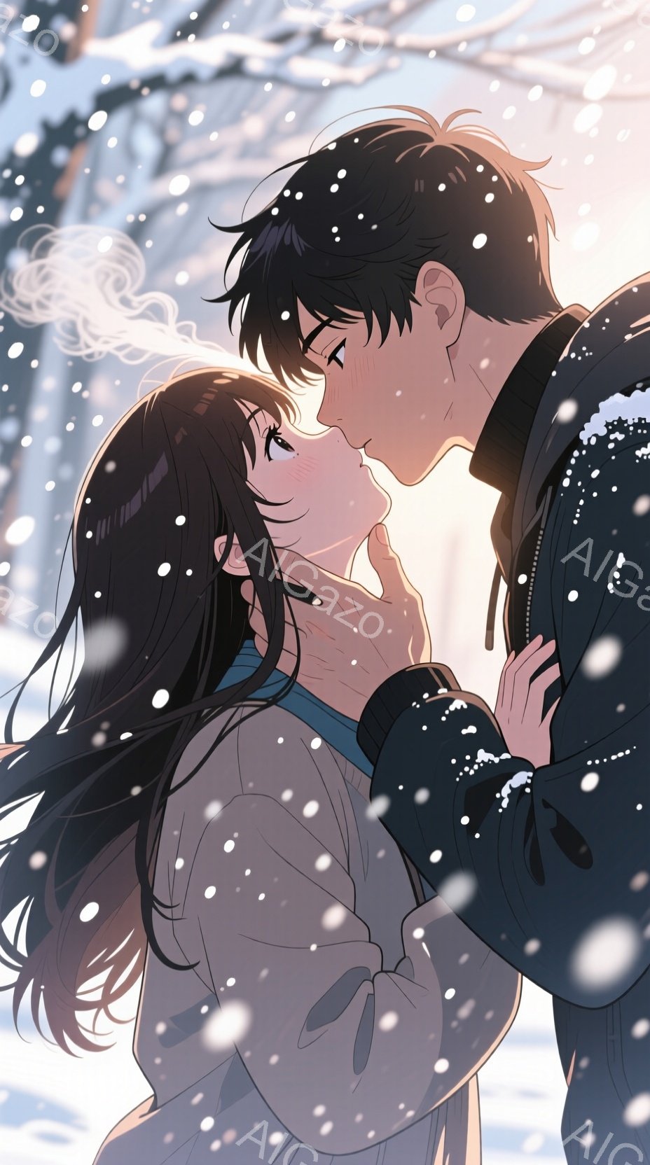 雪が降る冬の公園で、二人のカップルがキスをしている様子が描かれています。男性は黒い髪で、女性は長い黒髪を持ち、二人とも暖かいジャケットを着ています。男性の手は女性の頬に添えられており、女性は目を閉じて微笑んでいるように見えます。背景には雪が積もった木々が見え、雪が降っている様子が描かれています。