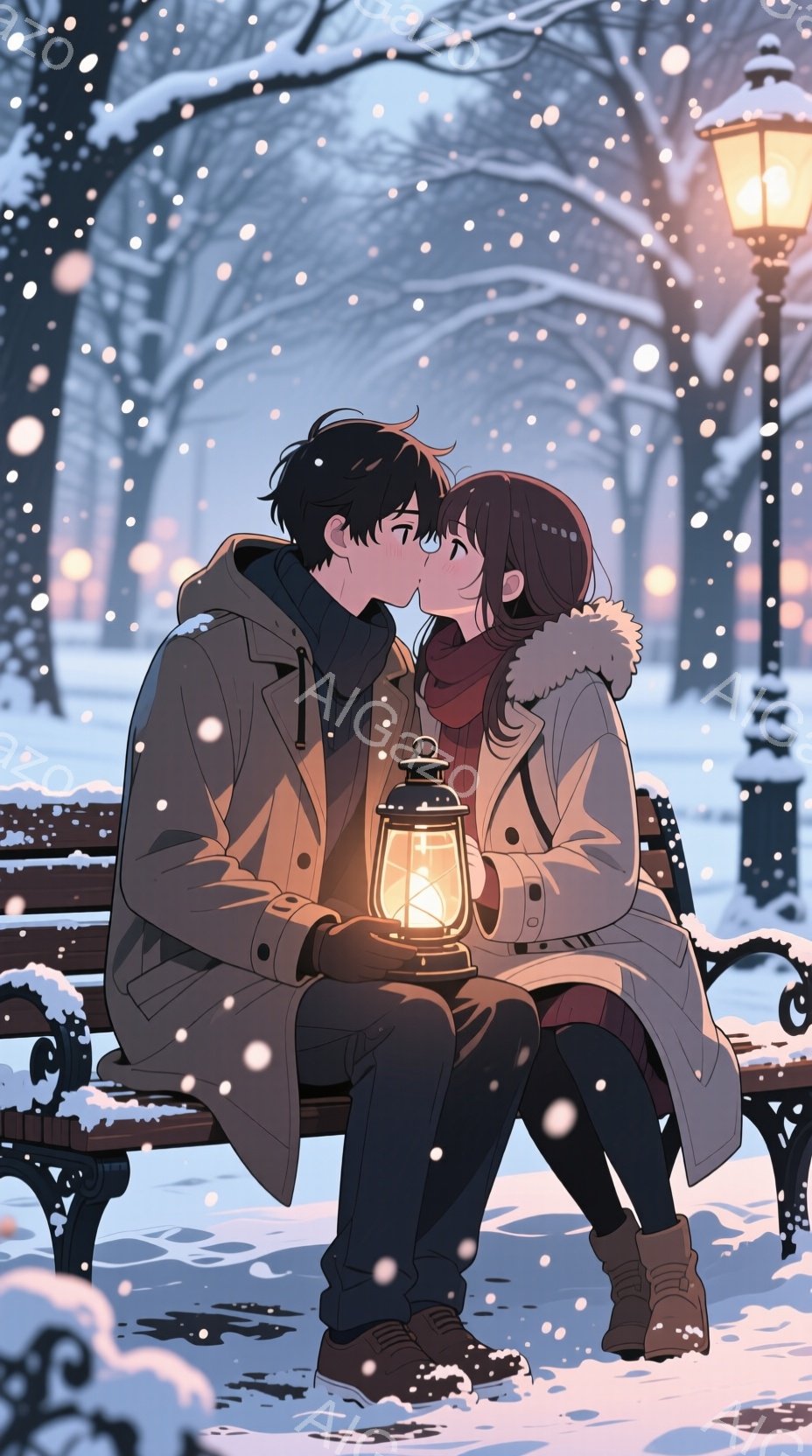 雪が降る公園のベンチに座っているカップルが描かれています。男性は黒い髪で、灰色のコートを着ており、女性は茶色の髪で、白いコートを着ています。二人は手をつなぎ、雪の中でランタンを持っています。背景には雪に覆われた木々と街灯があり、雪が降っている様子が描かれています。