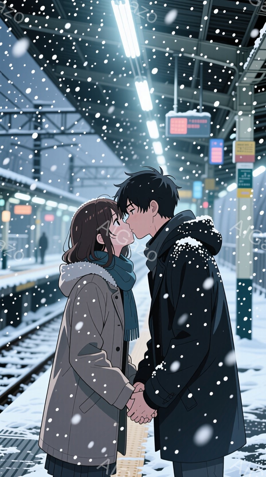 雪が降る駅のプラットフォームで、二人のカップルが手をつないでキスをしている。男性は黒いコートを着ており、女性はグレーのコートと青いスカーフを身にまとっている。二人とも髪は長く、女性は眉を立てて微笑んでいる。背景には雪が降り、プラットフォームの照明が雪の光を反射させて幻想的な雰囲気を作り出している。