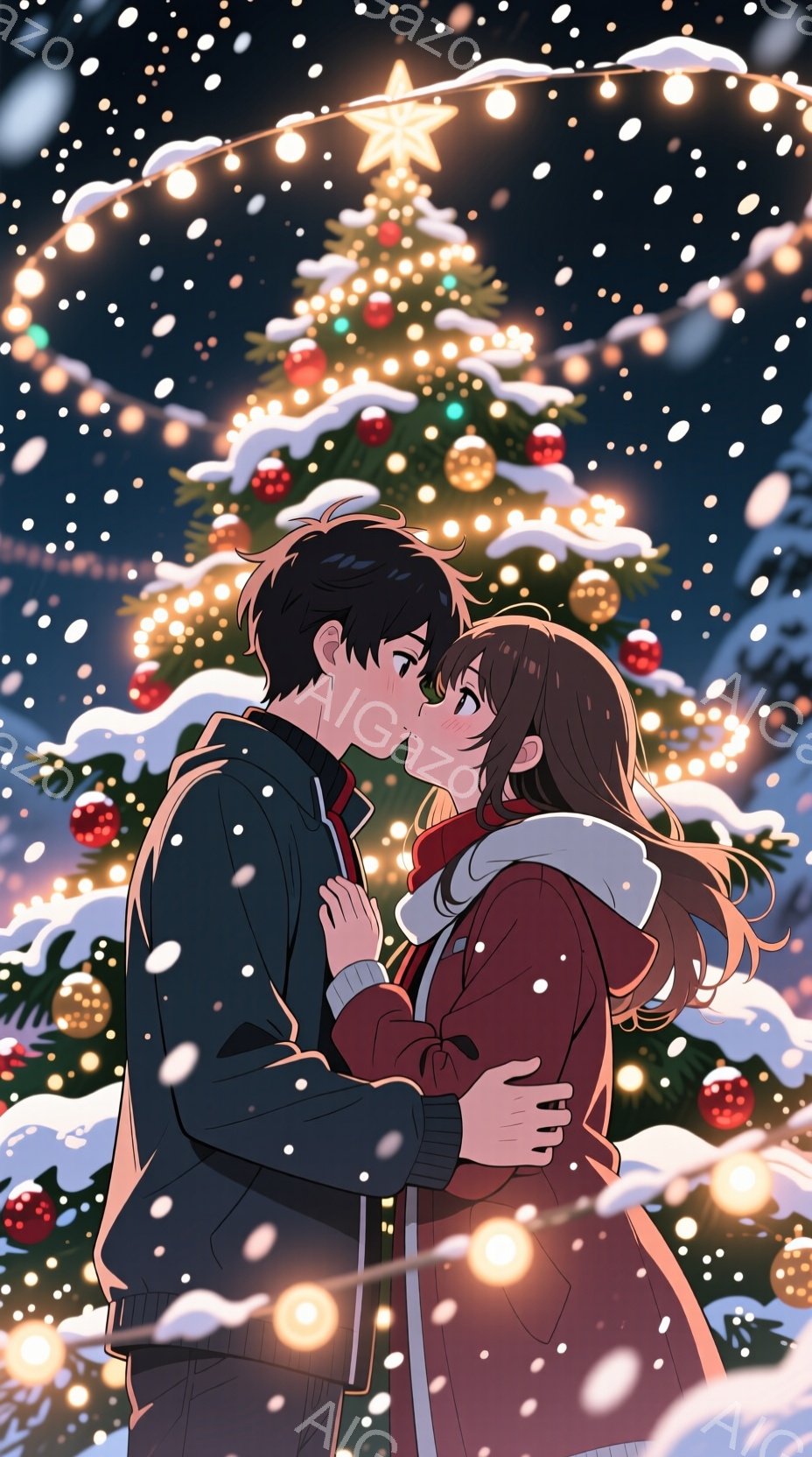 雪が降る冬の夜に、クリスマスツリーの前でカップルがキスをしている様子が描かれています。男性は黒いジャケットを着ており、女性は赤いコートを着ています。二人とも笑顔で、幸せそうな表情をしています。背景には雪に覆われた木々と、装飾されたクリスマスツリーがあり、星が飾られた灯りが点滅しています。