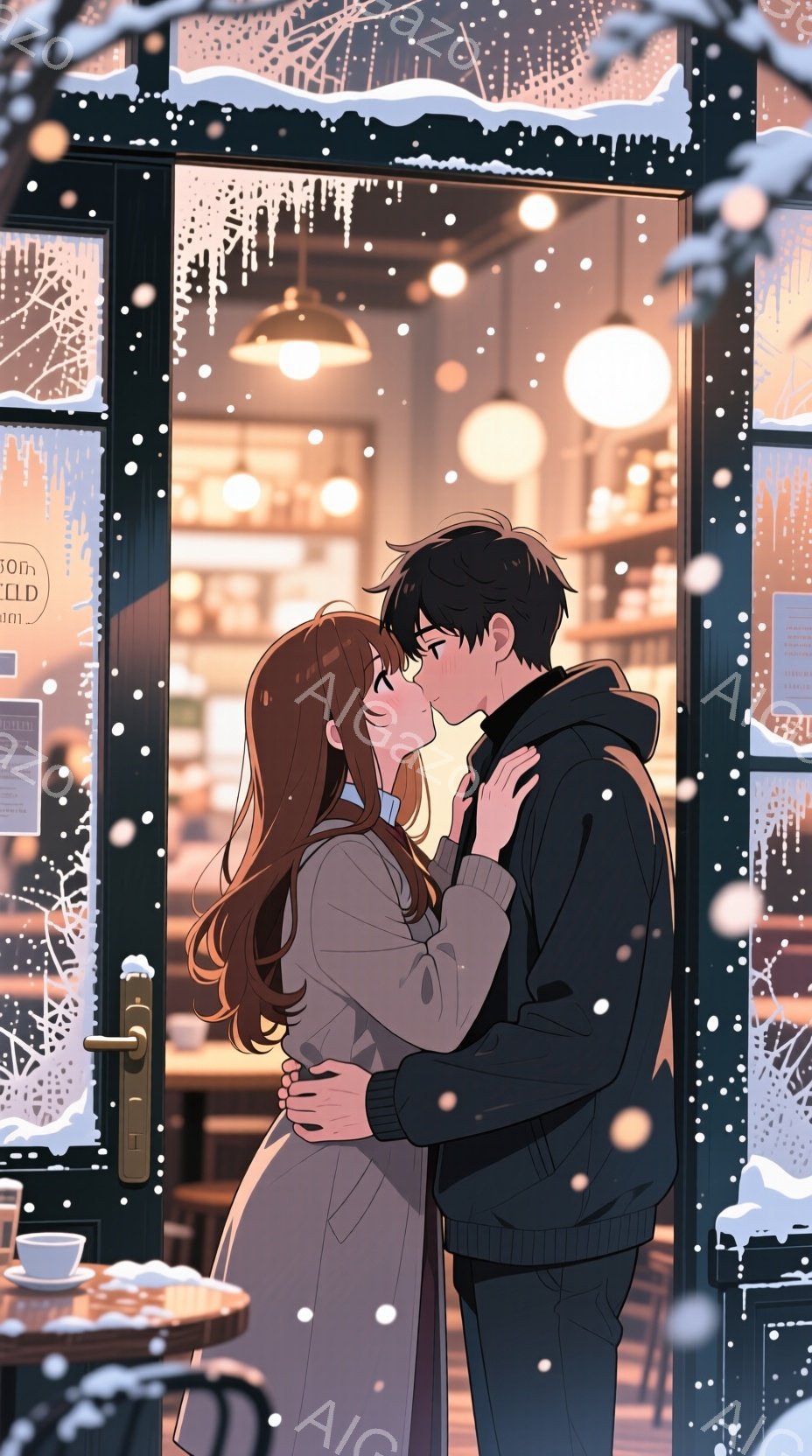 雪が降る冬の夜、カップルがカフェの外で抱き合っている。男性は黒いフード付きジャケットを着ており、女性は長い茶色の髪とグレーのセーターを着ている。二人は微笑みながら互いに近づき、女性は男性の顔を優しく触っている。背景には雪が積もった木々と、暖かい光が差し込むカフェの窓が見える。
