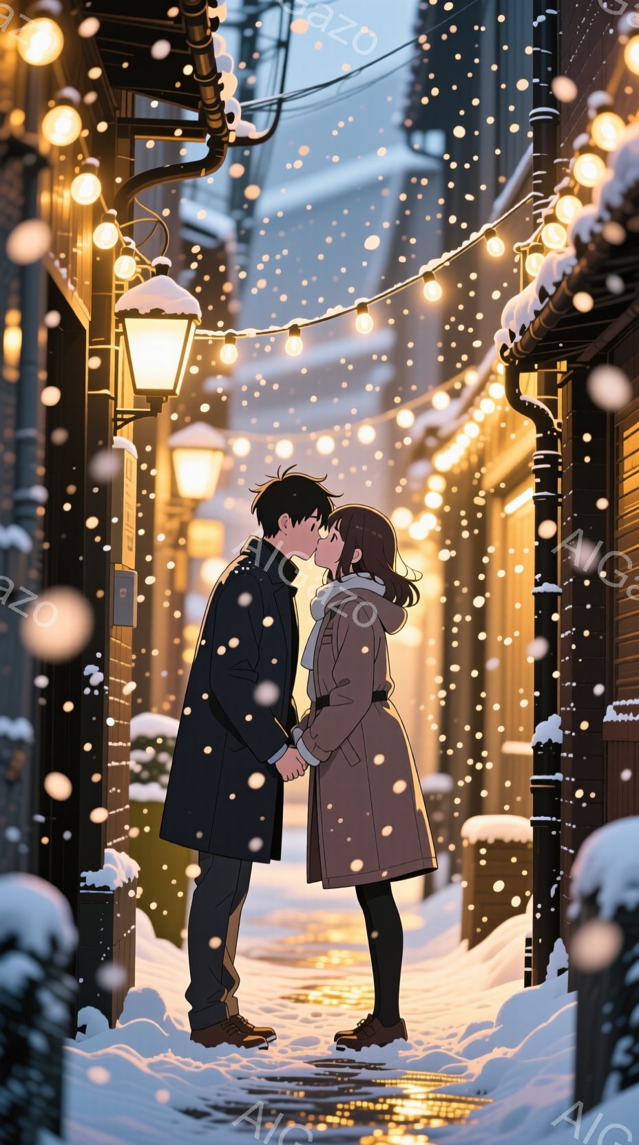 雪が降る冬の街角で、カップルが手をつないでキスをしている。男性は黒いコートを着ており、女性は茶色のコートを着ている。背景には雪に覆われた建物と、街灯が点灯した電線が見え、暖かい光が散りばめられている。雪が静かに舞い落ち、静かな冬の夜を演出している。