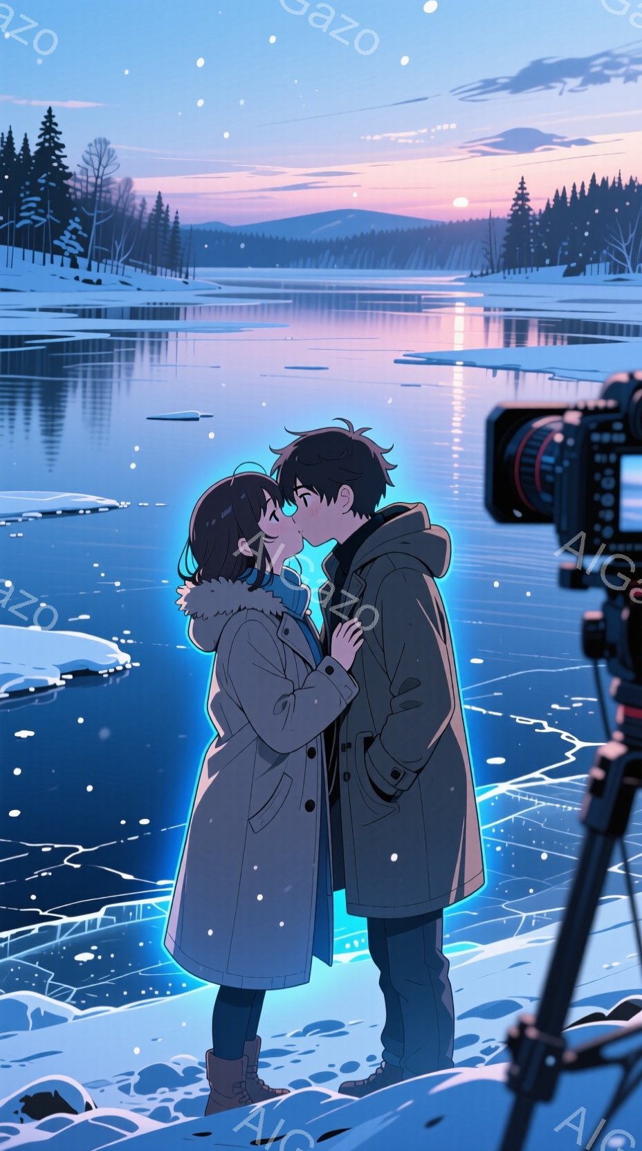 冬の湖畔で、二人のカップルがキスをしている様子が描かれています。女性は長い黒髪で、青いコートを着ており、男性は黒髪で、灰色のコートを着ています。背景には雪が積もった木々と、湖が広がり、遠くには山々が見えます。空には星が散りばめられ、静かな冬の夜の雰囲気が漂っています。