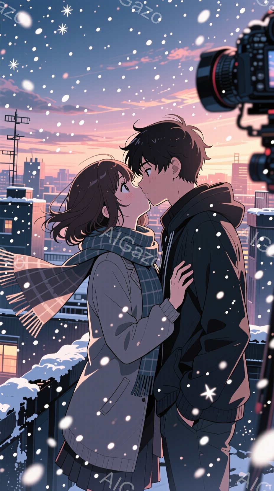 雪が降る夜の街角で、カップルがキスを交わしている。女性は長い黒髪とチェック柄のスカーフを身につけ、男性は黒いフード付きのジャケットを着ている。背景には雪に覆われた建物と夕焼けの空が広がり、雪の結晶が空を飾っている。