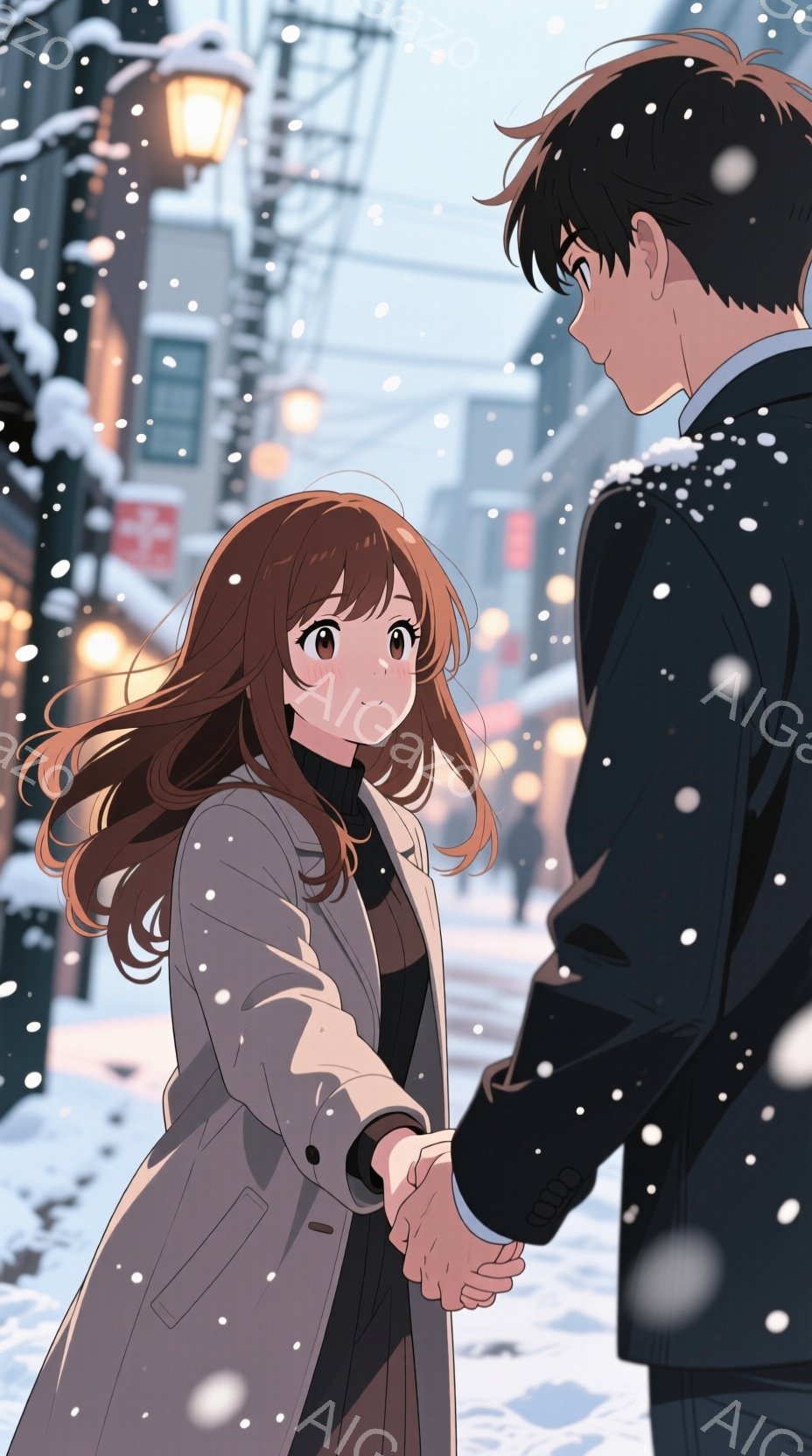 雪が降る街角で、女性が男性の手を握っている。女性は長い茶色の髪と、灰色のコートを着ており、笑顔で男性を見つめている。男性は黒い髪と、黒いジャケットを着ており、女性の手をしっかりと握っている。背景には雪 - AI生成フリー素材