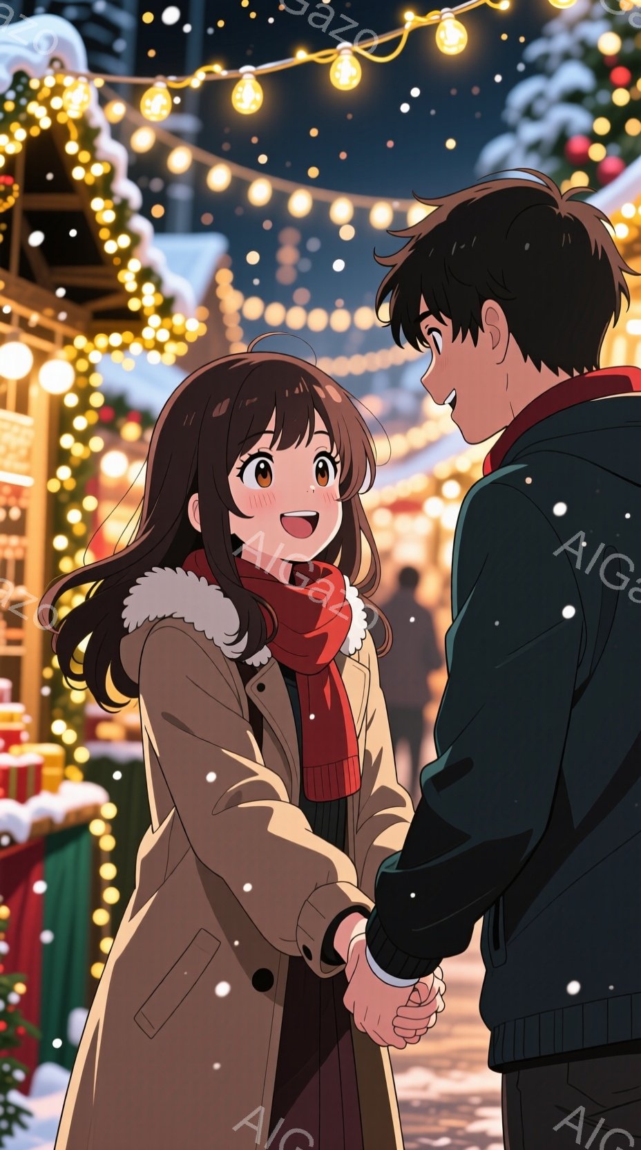 雪が降る夜のクリスマスマーケットで、女性と男性が手をつないでいる。女性は長い茶色の髪と赤いスカーフを身につけ、笑顔で男性を見つめている。男性は黒い髪で、背中を向けており、女性の手を握っている。背景には - AI生成フリー素材