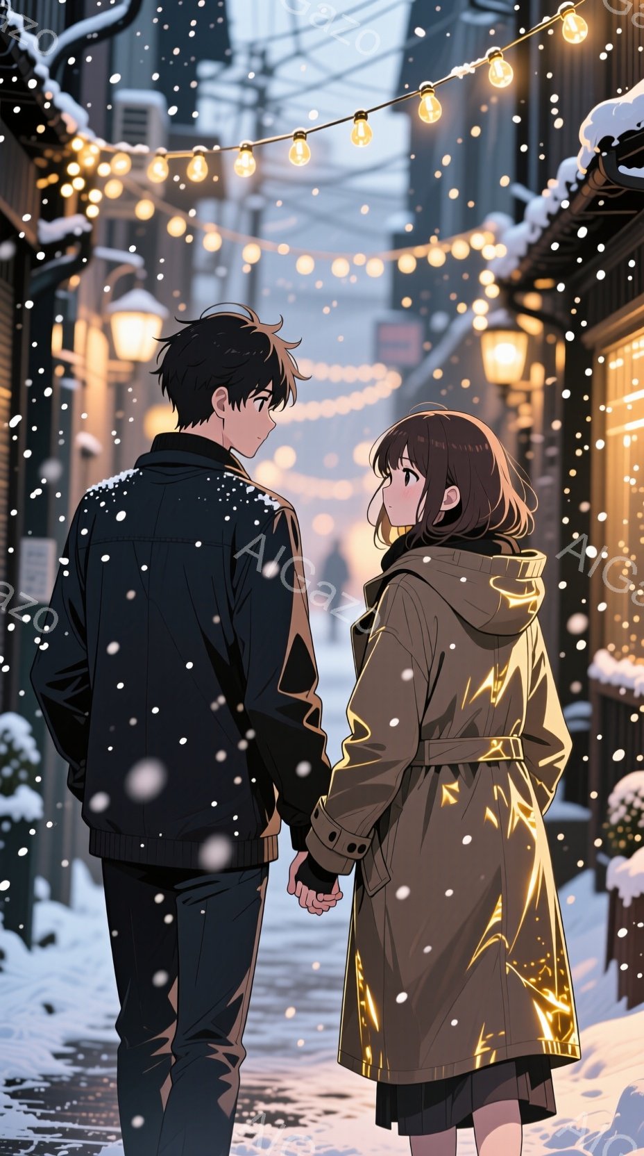 雪が降る冬の街角で、カップルが手をつないで歩いている。男性は黒いジャケットを着ており、女性は茶色のコートを着ている。二人とも落ち着いた表情をしており、互いに向き合っている。背景には雪に覆われた建物と、街灯が点灯した装飾灯が見え、雪が降る静かな雰囲気が漂っている。