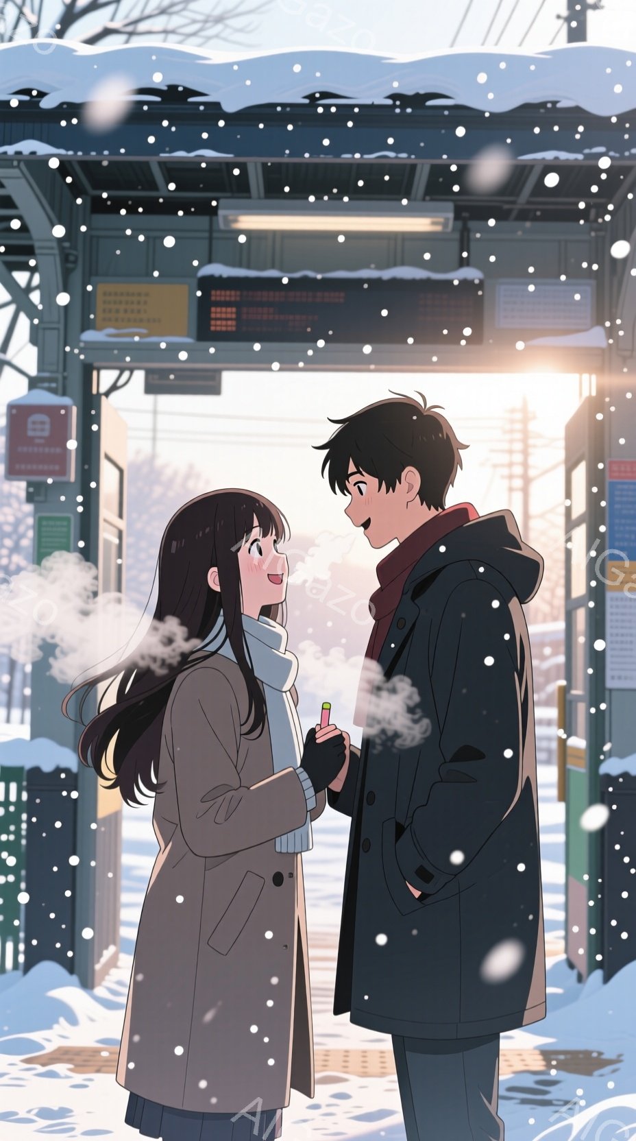 雪が降る冬の駅前で、男女が会話をしている様子が描かれています。女性は長い黒髪で、笑顔を浮かべて話している表情で、男性は彼女を見つめながら話しているようです。二人ともコートを着ており、女性はスカーフを巻いています。背景には駅の屋根と雪に覆われた木々が見え、雪が降っている様子が描かれています。
