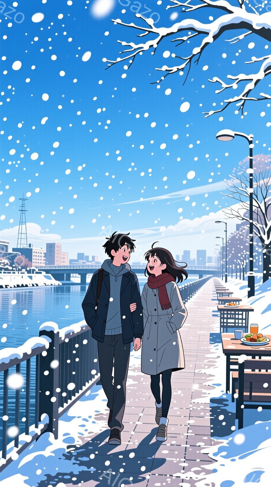 雪が降る冬の公園で、二人の若者が手をつないで歩いている。男性は黒い髪で、青いジャケットとグレーのセーターを着ており、女性は茶色の髪で、グレーのコートと赤いスカーフを着ている。二人とも笑顔で、お互いを見つめている。背景には雪に覆われた木々と街灯があり、遠くには建物が見える。空は青く、雪が降っている。