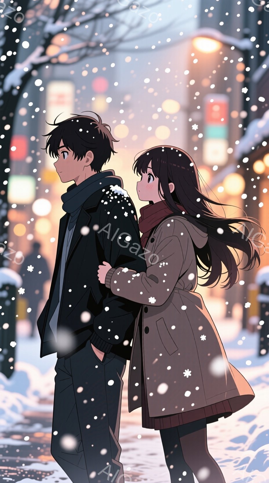 雪が降る冬の街角で、二人の若者が手をつないで歩いている。男性は黒いコートとスカーフを着ており、女性は茶色のコートと赤いスカーフを着用している。二人とも静かな表情をしており、雪が彼らの髪とコートに積もっ - AI生成フリー素材