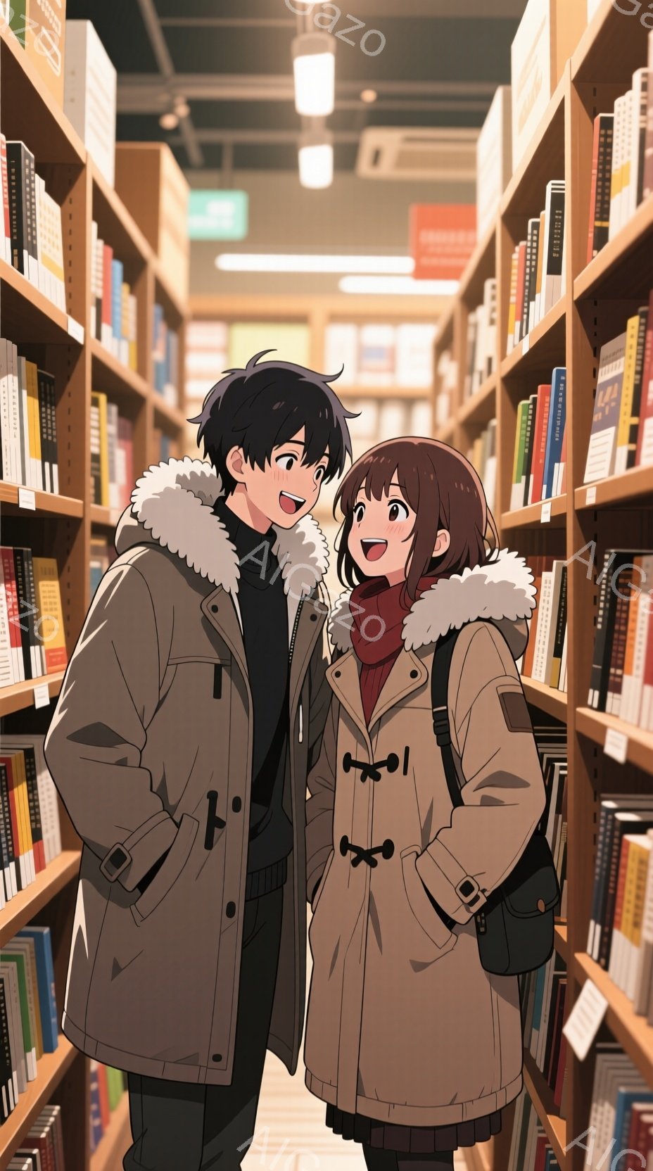二人のキャラクターが本棚の前に立っている。男性は黒い髪で、笑顔を浮かべている。女性は茶色の髪で、赤いスカーフを巻いており、同じく笑顔で男性を見ている。二人とも暖かいコートを着ており、男性はフード付きのコート、女性はダッフルコートを着ている。背景には多くの本棚があり、本が整然と並んでいる。照明は柔らかく、温かみのある雰囲気を作り出している。