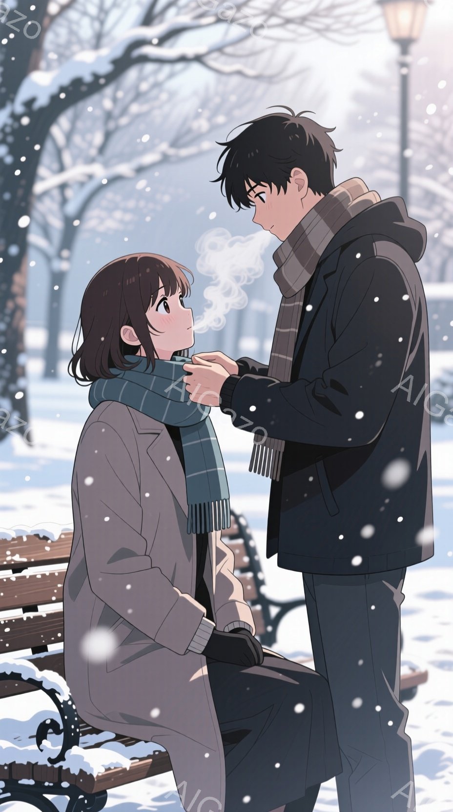 雪が降る公園で、男性と女性がベンチに座っている。男性は黒いジャケットとマフラーを着ており、女性はグレーのコートと青いマフラーを着ている。男性は女性のマフラーを整えようとしている。二人とも微笑んでおり、温かい雰囲気が漂っている。