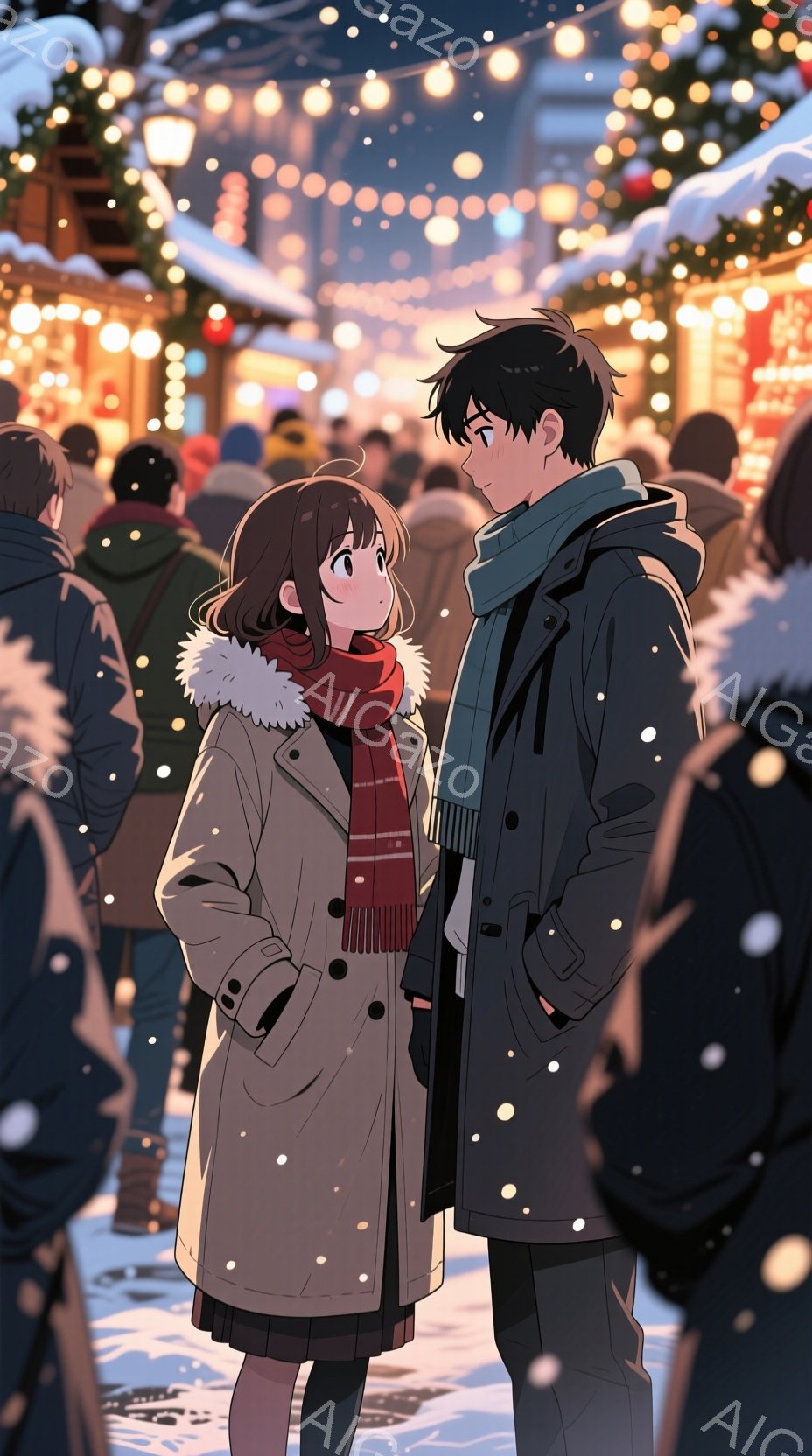 二人のキャラクターが雪の降る夜のクリスマスマーケットで会話をしている様子が描かれています。女性は茶色の髪で、赤いスカーフとベージュのコートを着ており、男性は黒い髪で、青いスカーフと黒いコートを着ていま - AI生成フリー素材