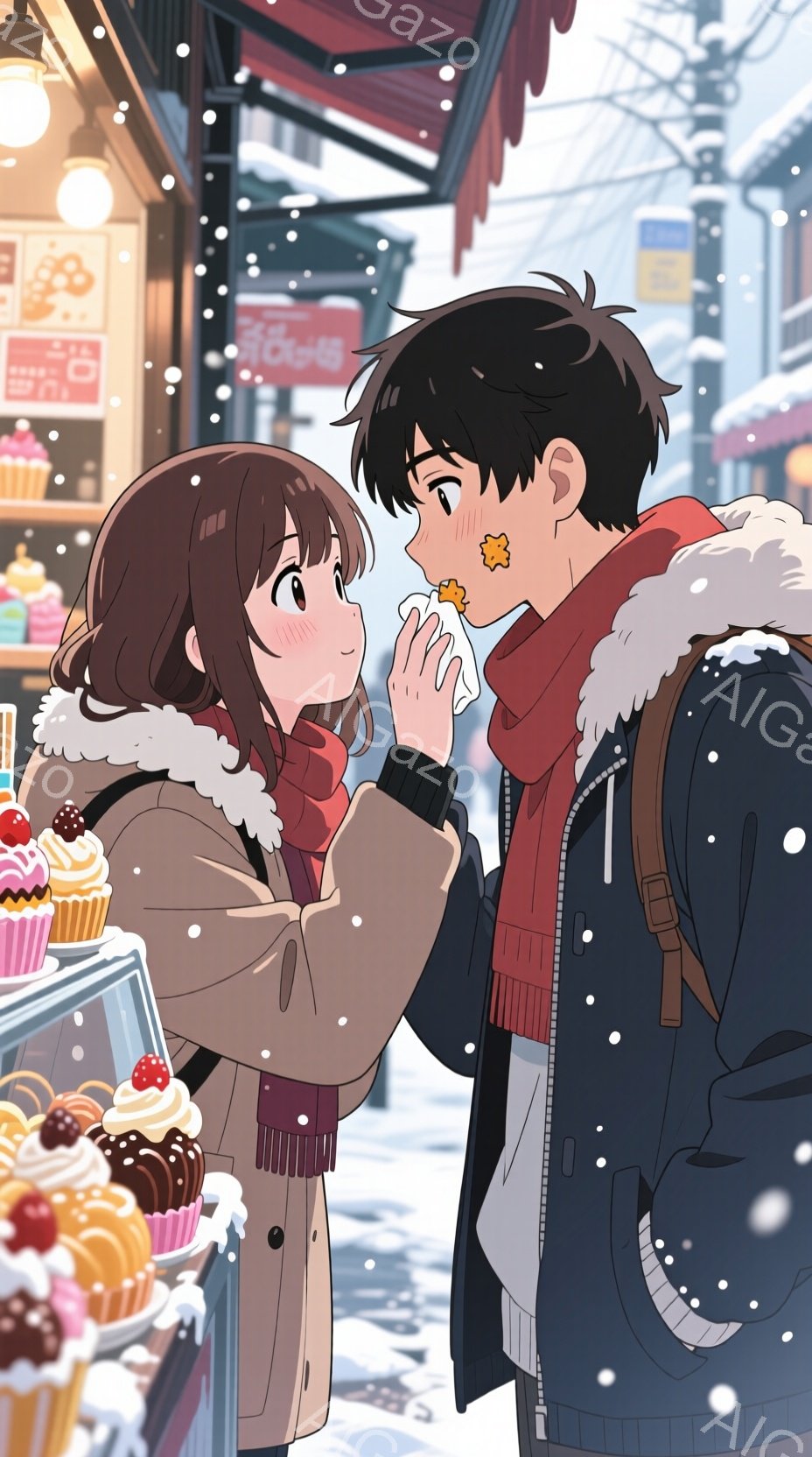 雪が降る冬の街角で、カップケーキの店の前で、女性が男性の顔を優しく触っている。女性は茶色の髪を肩まで垂らし、茶色のコートと赤いスカーフを着ており、笑顔で男性を見つめている。男性は黒い髪で、赤いスカーフと黒いコートを着ており、女性の手を優しく受け止めており、少し驚いたような表情をしている。背景には雪が積もった建物と、カップケーキが並ぶ店が見える。