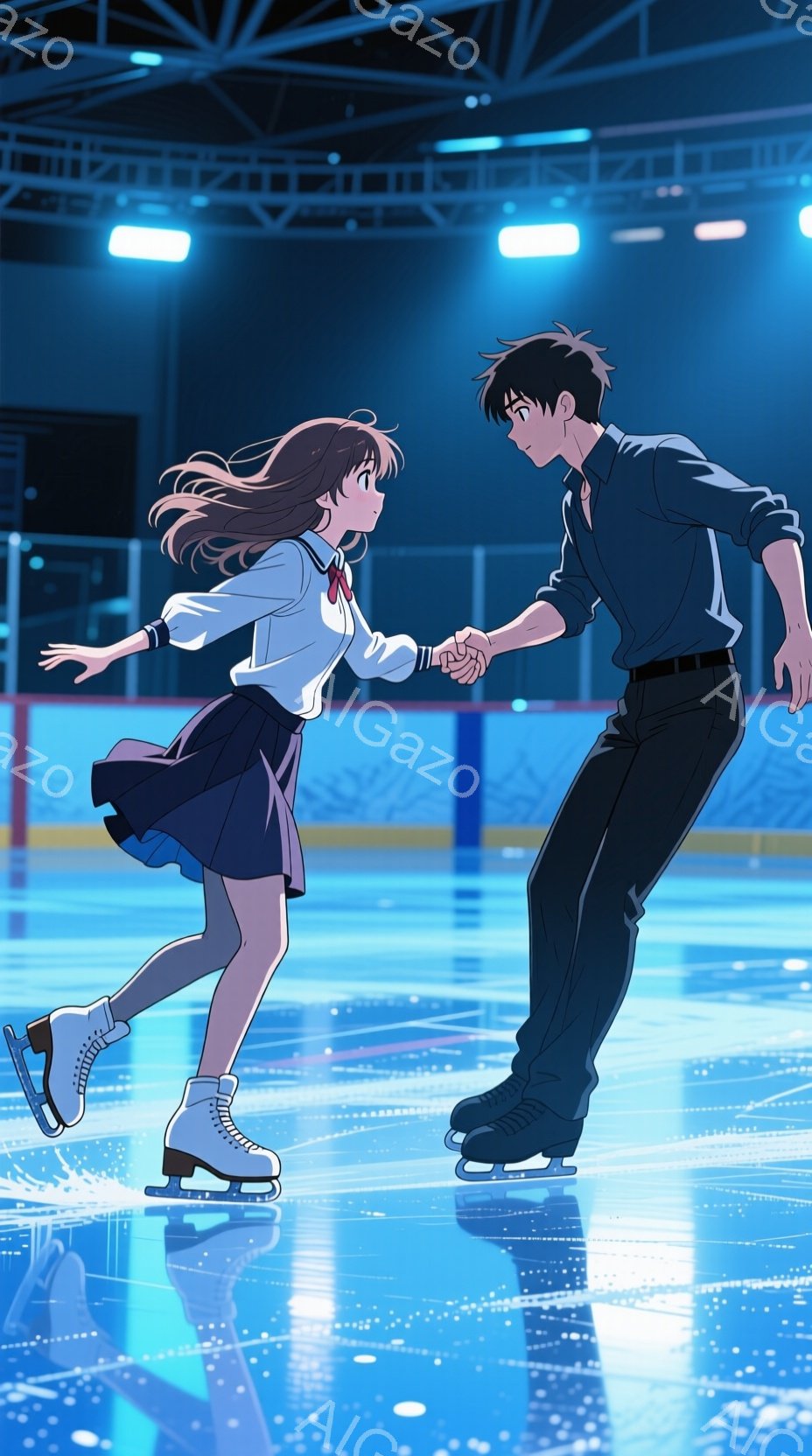 アイススケートリンクで、二人のキャラクターが手をつないで滑っている。女性は学生服を着ており、髪は長く、風になびいている。男性はカジュアルな服装で、女性の手をしっかりと握っている。背景には青い照明があり、滑走路が光り輝いている。