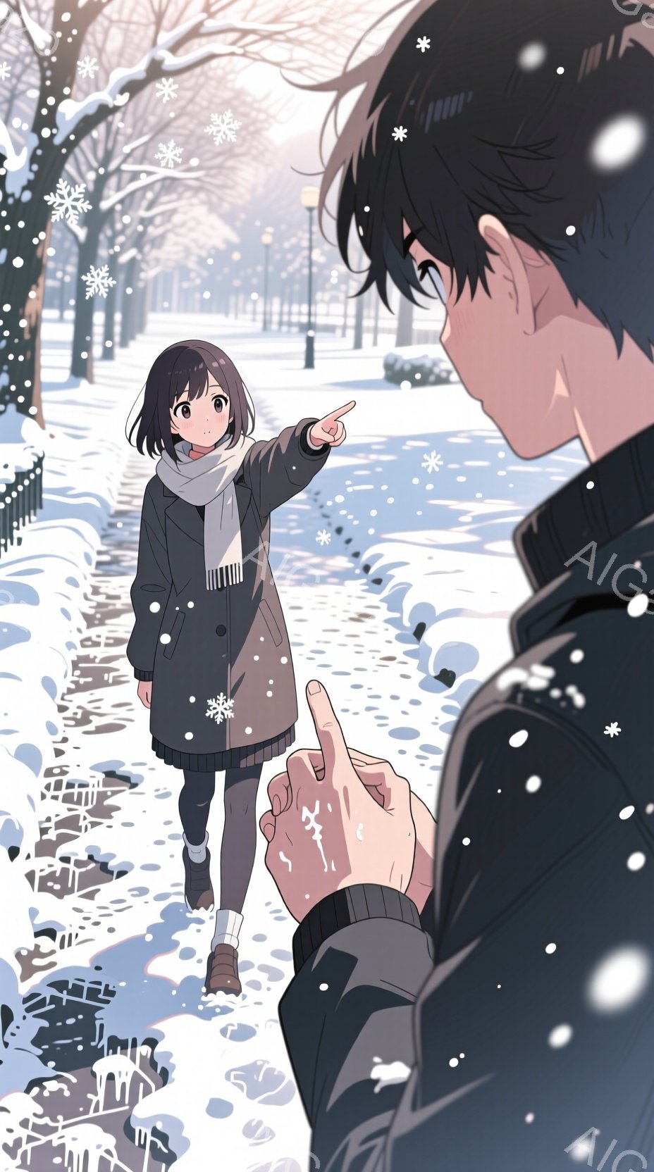 雪が降る公園で、二人のキャラクターが会話している様子が描かれています。女性キャラクターは黒いショートヘアで、茶色の目をしており、笑顔で指を指しています。男性キャラクターは黒い髪で、顔の一部しか見えませんが、彼の手が女性キャラクターの指を指している様子が描かれています。背景には雪に覆われた木々と街灯があり、静かな冬の公園の雰囲気が漂っています。