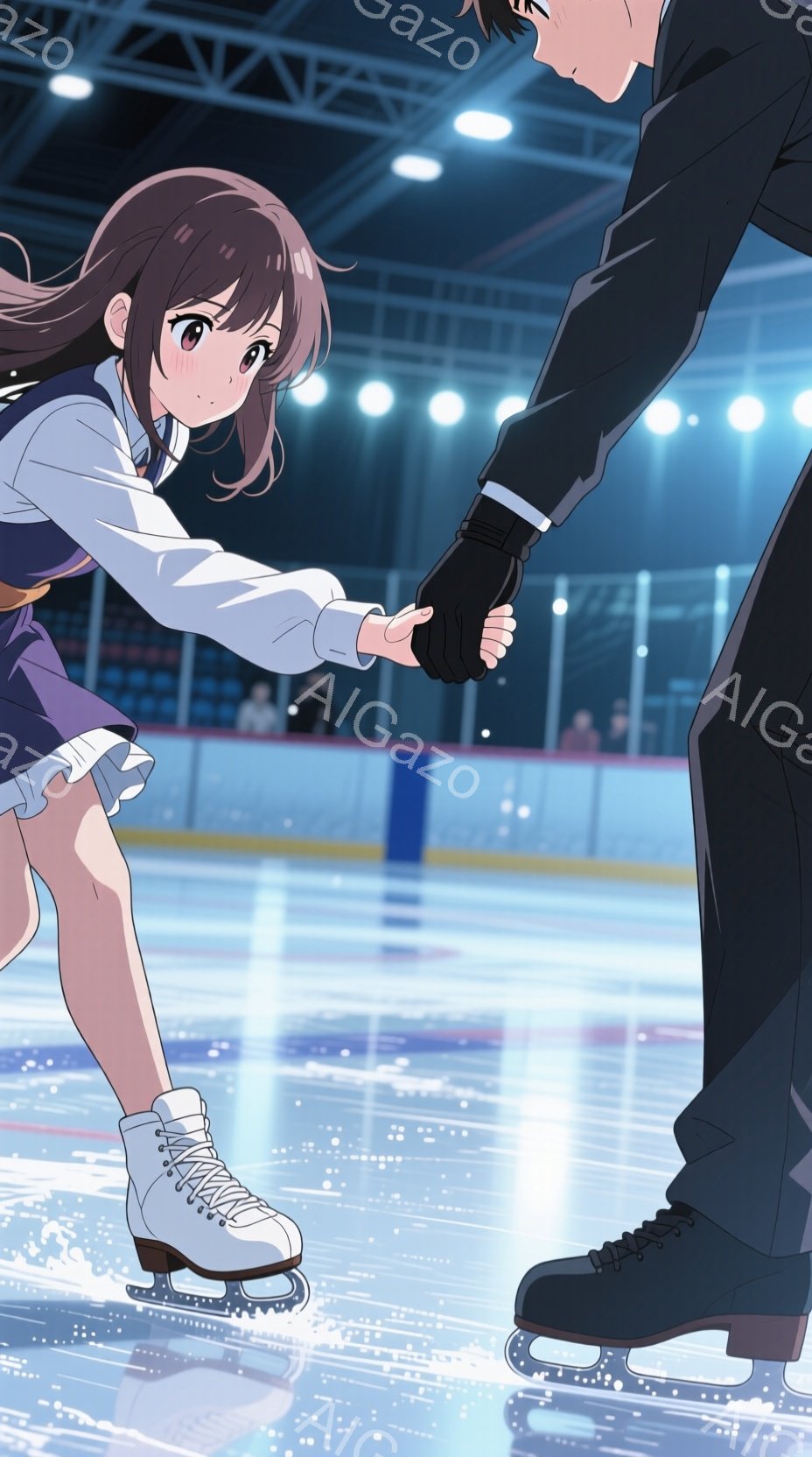 アイススケートリンクで、女性キャラクターが男性キャラクターの手を握っている様子が描かれています。女性キャラクターは紫色の髪で、制服を着ており、少し恥ずかしそうな表情をしています。男性キャラクターは黒いスーツを着ており、女性キャラクターの手をしっかりと握っています。背景には照明が点在するアイススケートリンクがあり、観客席も見えます。