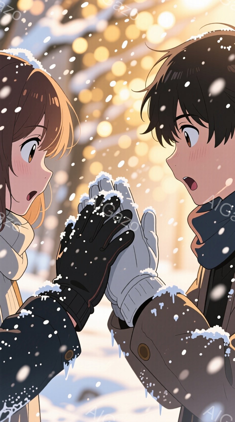 雪が降る冬のシーンで、二人のキャラクターが手を合わせている。女性は茶色の髪で、目は大きく、驚いた表情をしている。男性は黒髪で、目は少し驚いたような表情を浮かべている。二人の手には雪がついており、寒さを感じさせる。背景にはぼんやりと光る灯りがあり、雪の降る景色が描かれている。