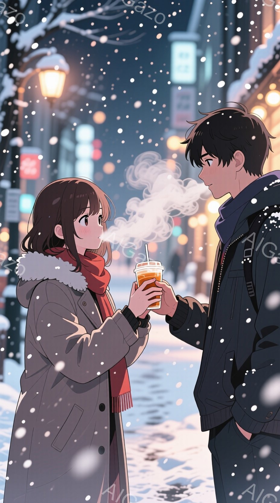 雪が降る冬の街角で、二人のキャラクターが会話をしている様子が描かれています。女性は長い黒髪で、赤いスカーフとグレーのコートを着ており、笑顔で男性に話しかけているようです。男性は黒髪で、黒いジャケットを - AI生成フリー素材