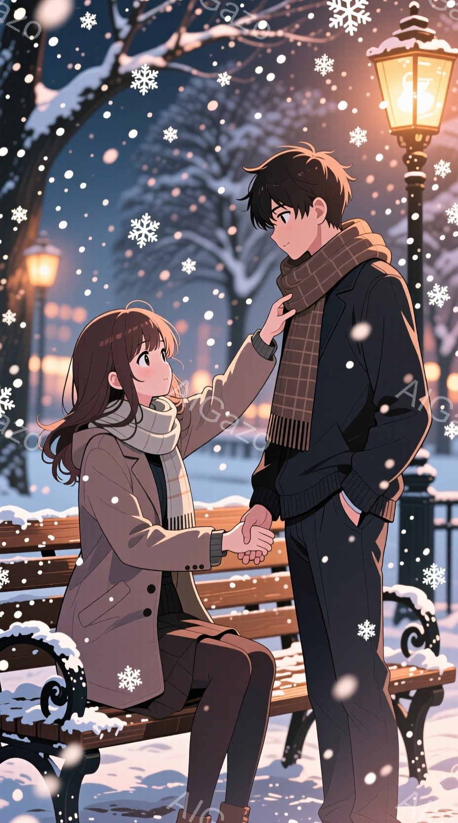 雪が降る冬の公園で、ベンチに座っている女性と立っている男性が描かれています。女性は長い茶色の髪と、暖かそうなコートとスカーフを着ており、笑顔で男性を見上げています。男性は黒いジャケットとスカーフを着ており、女性の手を握っています。背景には雪に覆われた木々と街灯があり、雪が降っている様子が描かれています。