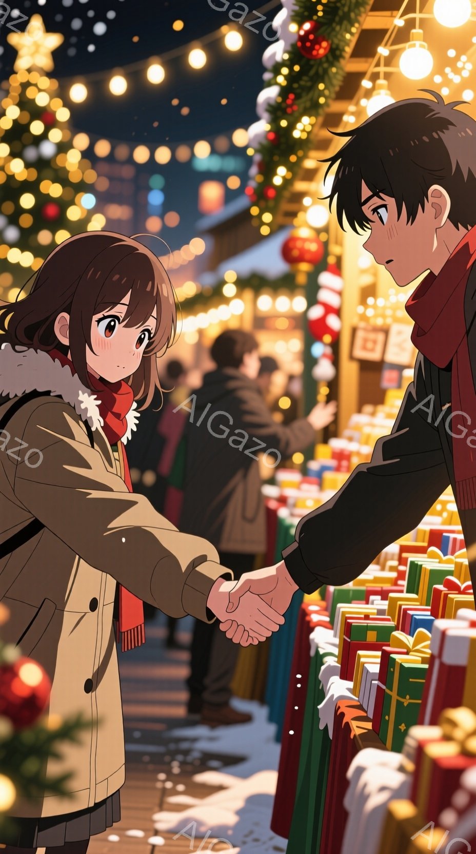 二人のキャラクターがクリスマスの飾り付けが施された屋台で握手している様子が描かれています。女性キャラクターは茶色の髪で、赤いスカーフとベージュのコートを着ており、笑顔で見上げています。男性キャラクターは黒い髪で、赤いスカーフと黒いジャケットを着ており、女性キャラクターを見つめています。背景にはクリスマスツリーと提灯があり、雪が降っている様子が描かれています。
