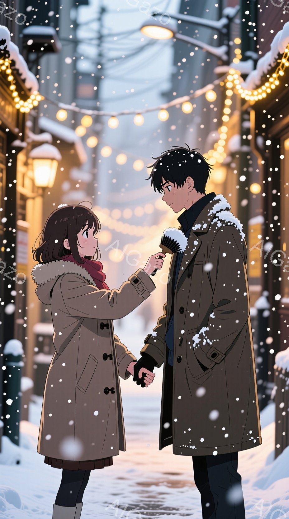 雪が降る通りで、二人のキャラクターが手を握っている。女性は茶色のコートと赤いスカーフを着ており、髪はショートカット。男性は黒いコートを着ており、髪は長く黒い。二人は微笑んでおり、温かい雰囲気がある。背景には雪に覆われた建物と街灯があり、暖かい光が灯っている。