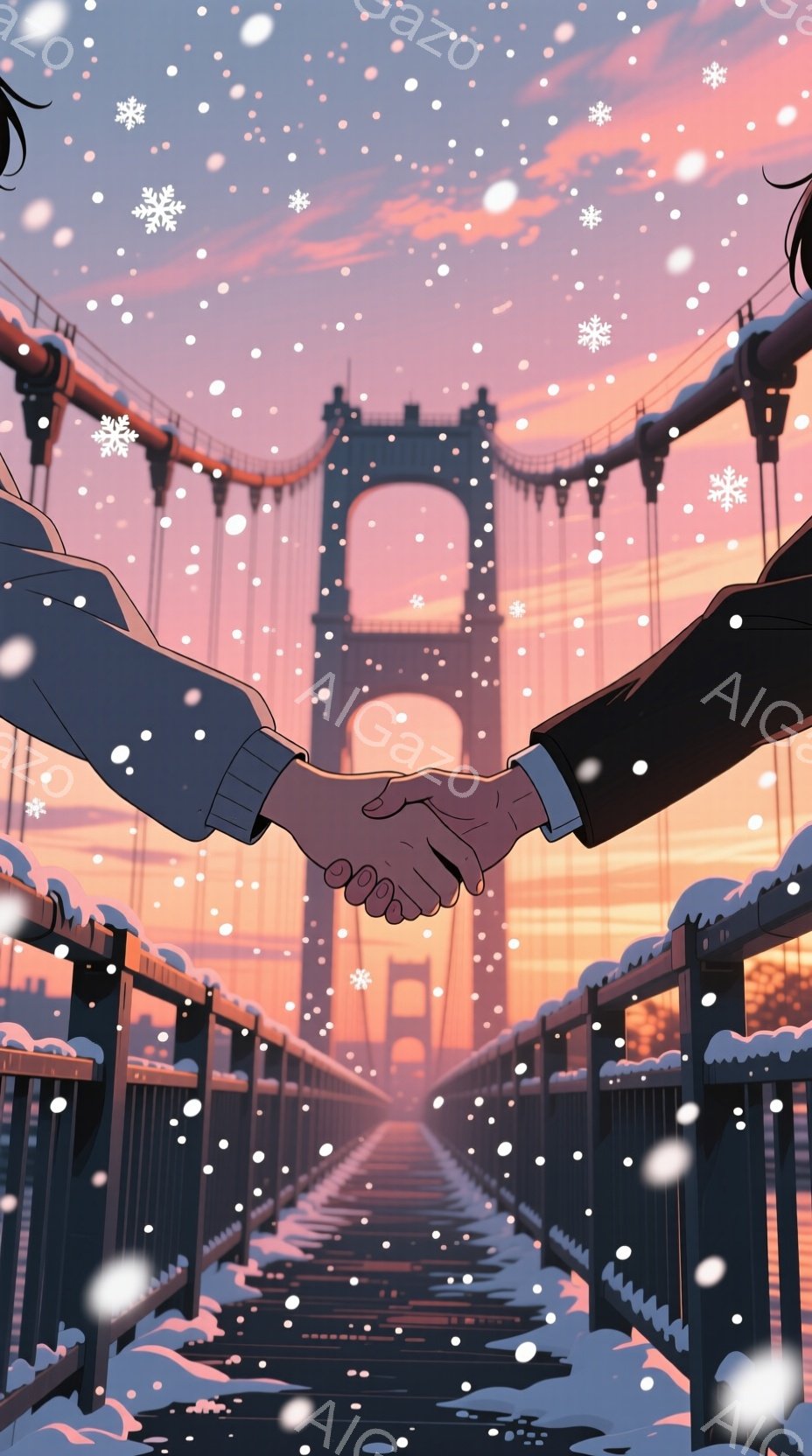 二人の人物が雪が降る橋の上で握手をしている様子が描かれています。左側の人物は長い黒髪で、右側の人物は短い髪です。両者は微笑んでおり、互いに信頼感を示しています。背景には雪が積もった橋と、夕焼けの空が広がっています。