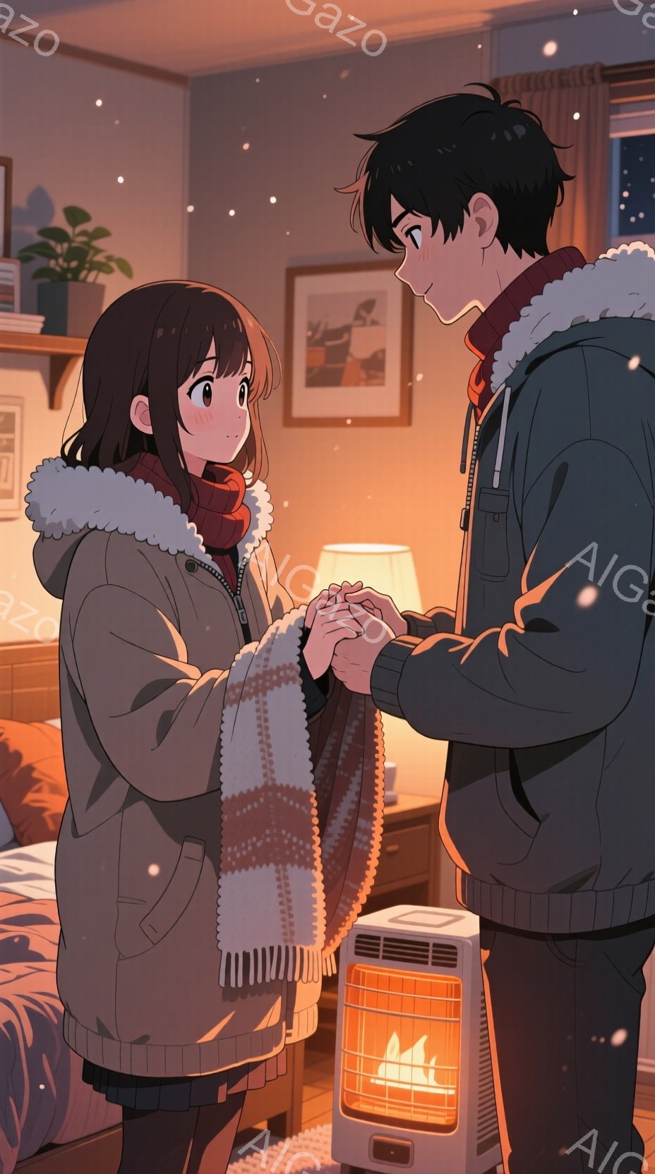 二人のキャラクターが暖炉の前で手を握っている様子が描かれています。女性は茶色の髪で、赤いスカーフと茶色のコートを着ており、男性は黒い髪で、フード付きのジャケットを着ています。背景には窓と植物があり、外 - AI生成フリー素材