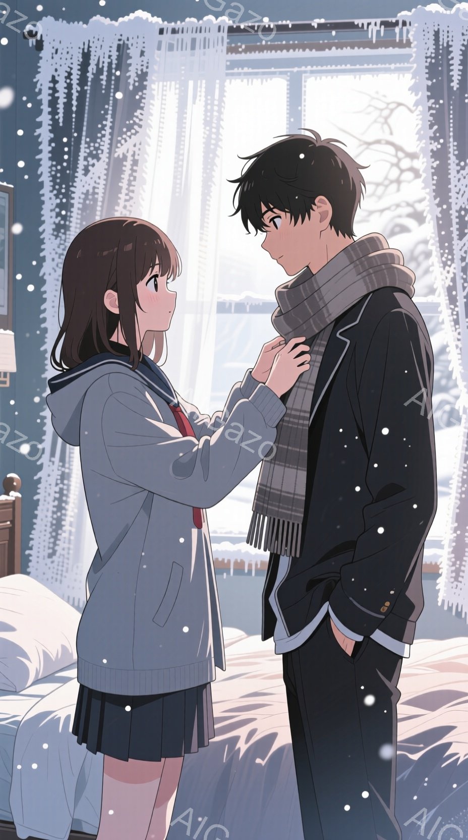 二人のキャラクターが雪の降る屋外で会話をしている様子が描かれています。女性は灰色のセーラー服を着ており、髪は長く黒く、男性は黒いジャケットとグレーのスカーフを身にまとい、髪は短く黒です。女性は男性のスカーフを手で触れており、男性は女性を見つめています。背景には雪が降り積もった建物と木々が見え、全体的に静かで穏やかな冬の雰囲気が漂っています。