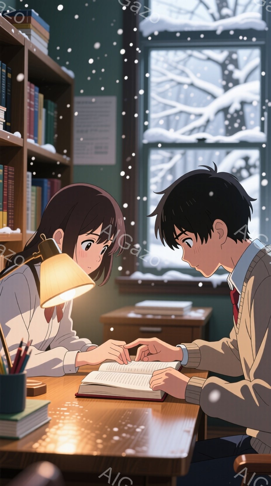 二人の学生が図書館で本を読んでいる様子が描かれています。女性は茶色の髪で、白いブラウスに赤いリボンをつけており、男性は黒髪で、茶色のジャケットを着ています。二人とも本を指さし、話している様子です。背景には雪が降る窓があり、外は冬の景色です。