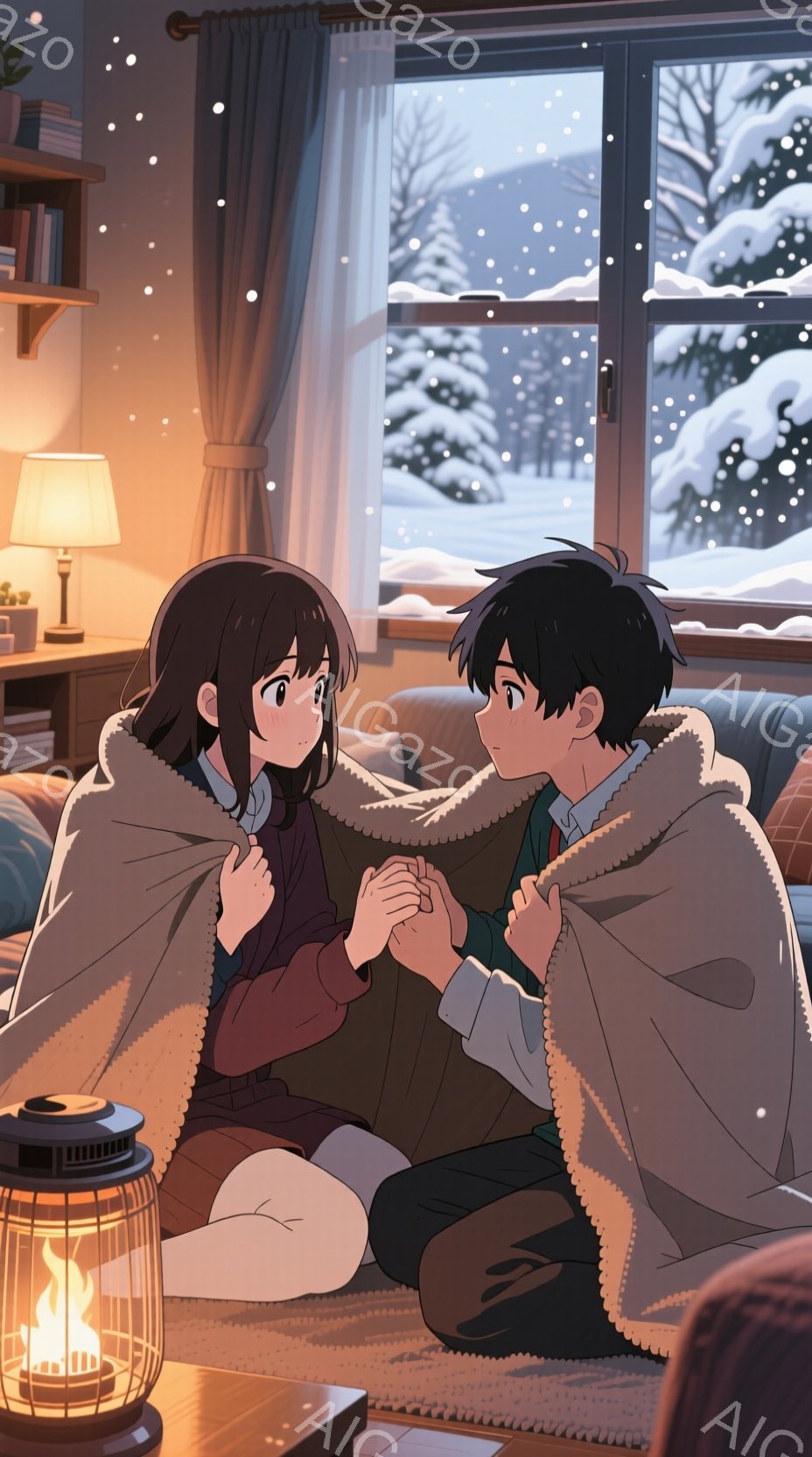 二人のキャラクターが、暖かい毛布に包まれて座っている。女性は茶色の髪で、赤い頬をした表情をしている。男性は黒い髪で、女性の手を握っている。背景には雪が積もった木々と、雪が降る景色が見える。部屋の中には本棚やランプがあり、暖かみのある照明が灯っている。