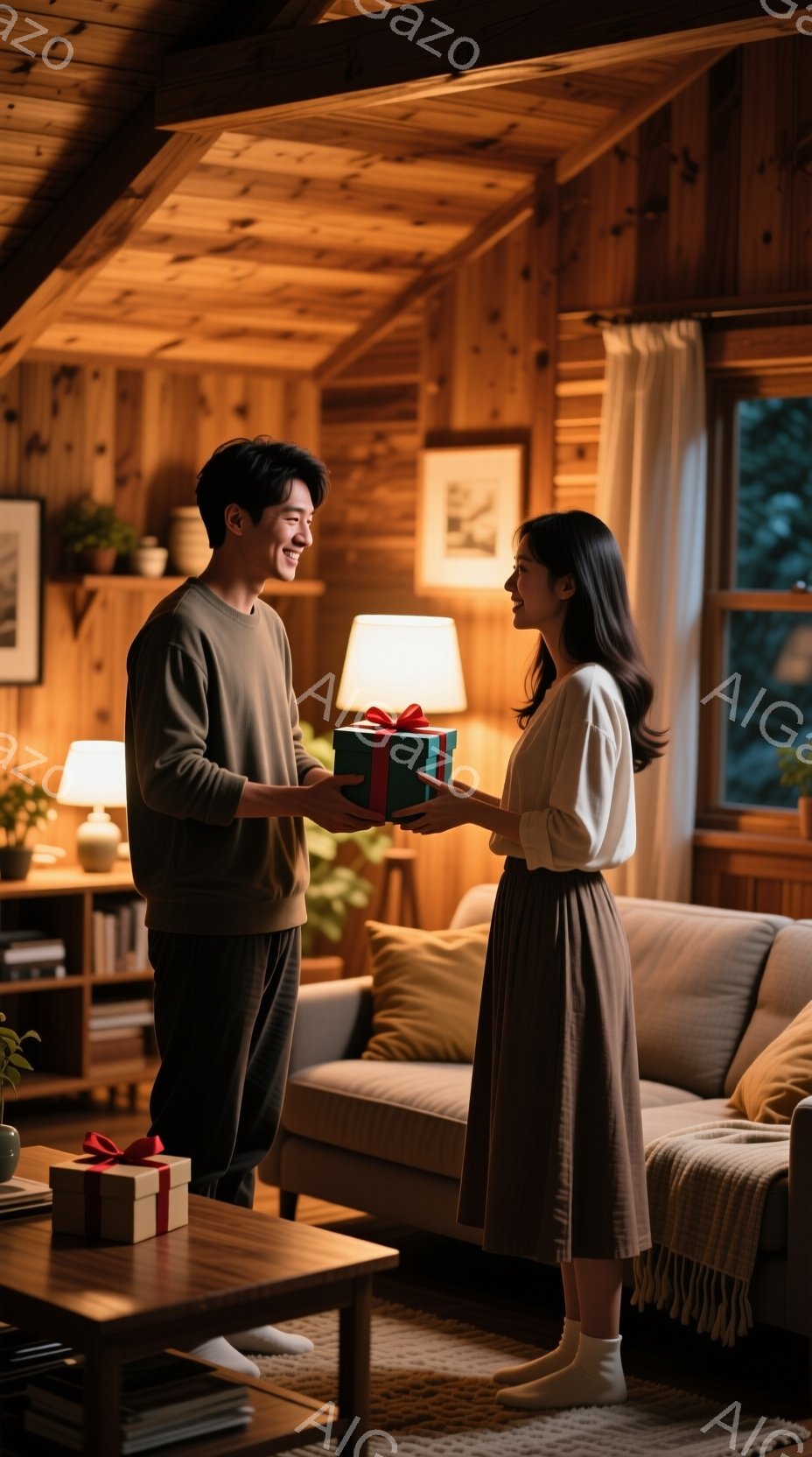 二人の男女が木造の室内で贈り物を交わしている様子が描かれています。男性はグレーのセーターと黒いズボンを着ており、女性は白いブラウスとグレーのスカートを着用しています。両者は微笑みながら贈り物を受け渡し、温かい雰囲気の中で対話を楽しんでいるようです。
