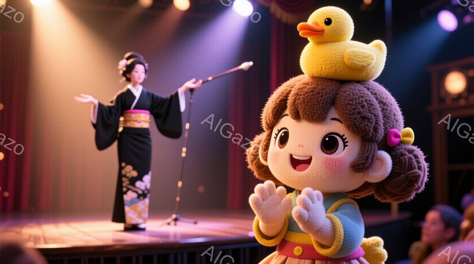 舞台の上で、和服を着た女性がマイクを持って歌っている。彼女の頭には、黄色いカエルのぬいぐるみが乗っている。前景には、大きな目と丸い鼻を持つキャラクターがいて、手を広げて喜んでいる様子。背景には赤いカーテンがあり、照明が舞台を照らしている。