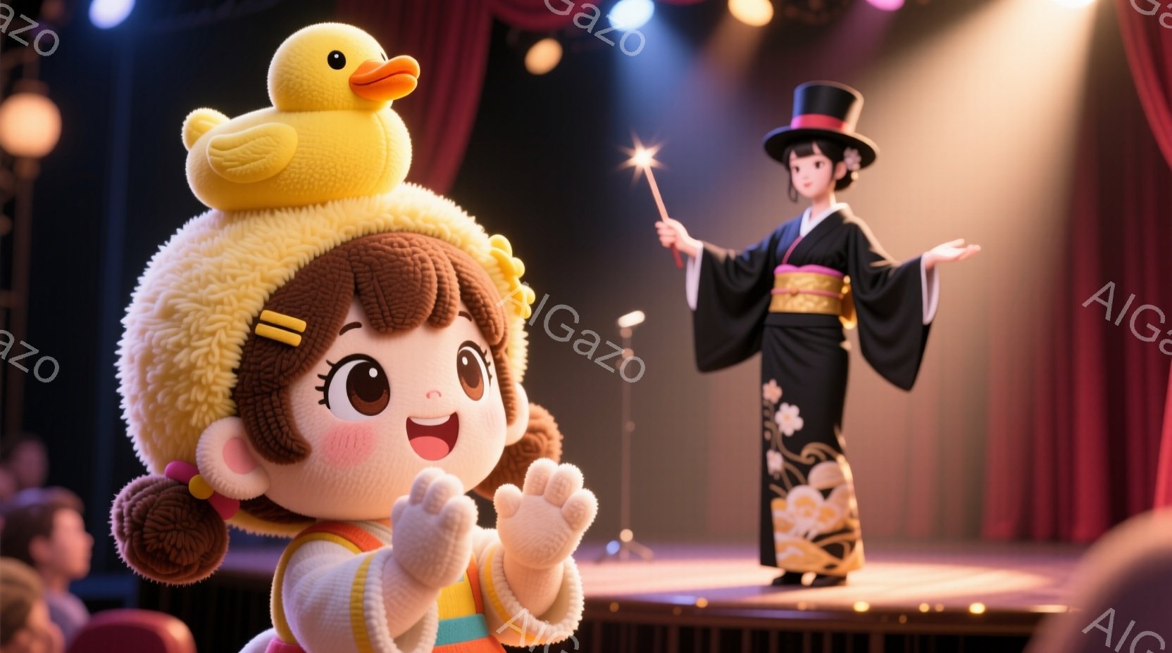 右側には、黒い着物に金の帯を巻いた女性が、魔法の杖を持って舞台上に立っています。彼女は黒い帽子をかぶり、両手を広げて何かを説明しているように見えます。左側には、黄色い帽子をかぶった小さなキャラクターが、手を上げて元気な表情をしています。背景には赤いカーテンがあり、舞台上には照明が当たっています。