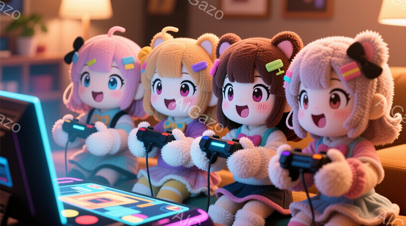 画像には、四人のキャラクターが描かれています。彼らはアニメ風のキャラクターで、それぞれ異なる髪色と髪型を持っています。左から、ピンクの髪と青いリボン、金髪と黄色いリボン、茶色の髪と緑のリボン、そして灰 - AI生成フリー素材