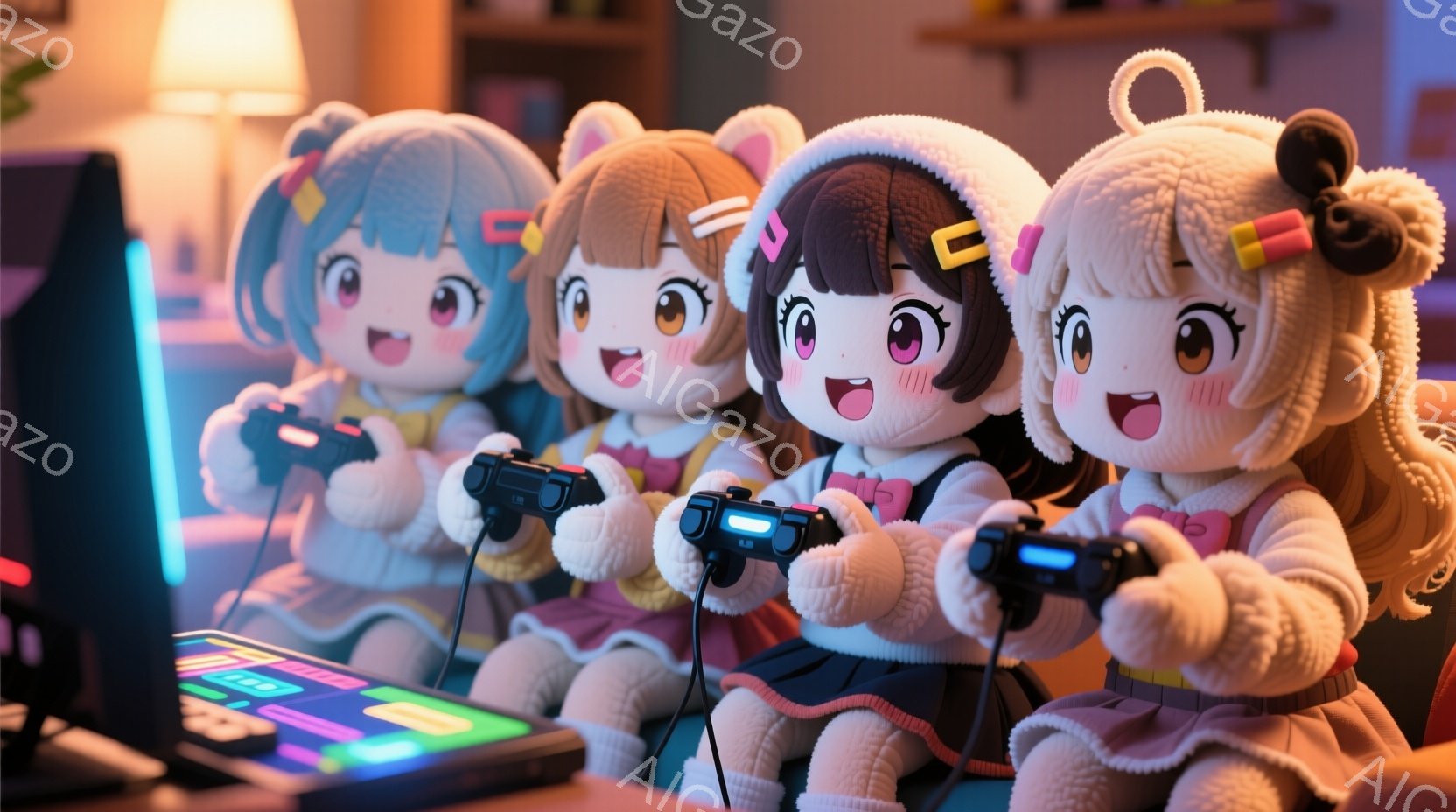 画像には四人のキャラクターが描かれており、それぞれがゲームコントローラーを握っています。キャラクターたちはアニメ風のデザインで、青い髪と黄色いリボン、茶色い髪と白いフード、黒い髪と黄色いリボン、そして金髪と白いフードの髪型をしています。彼らは楽しそうな表情をしており、ゲームに熱中している様子が伺えます。背景には暖かい照明と棚があり、居心地の良い部屋の雰囲気を醸し出しています。