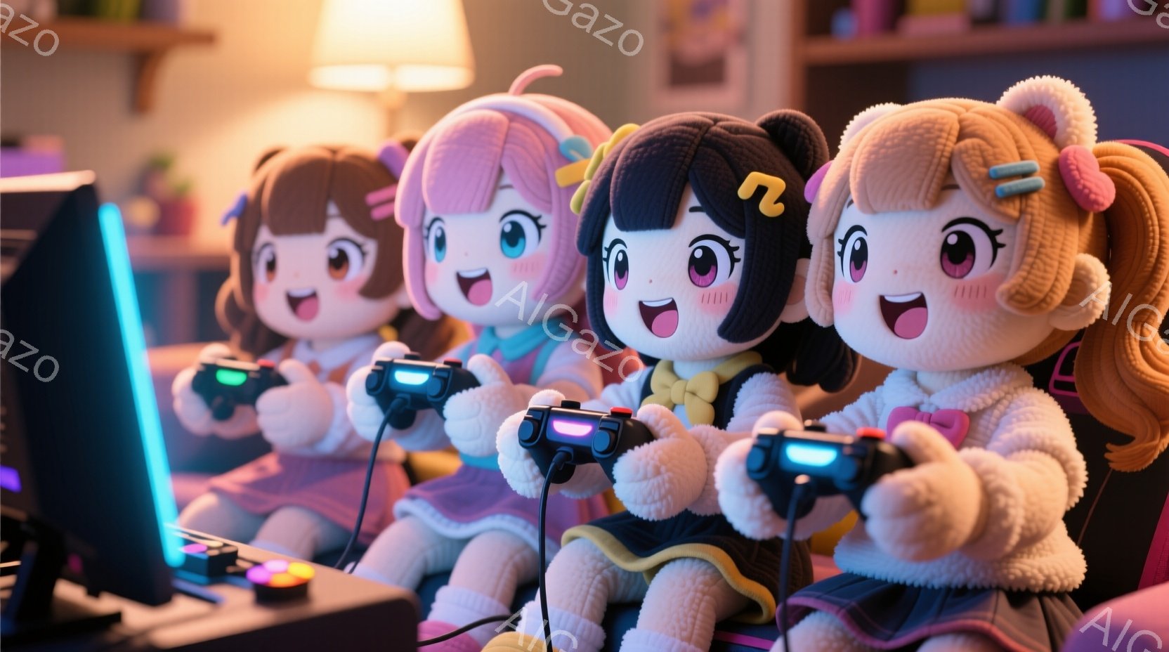 画像には四人のキャラクターがおり、それぞれ異なる髪色と髪型をしています。左から、茶色の髪とリボン、ピンクの髪とリボン、黒い髪とリボン、そして茶色の髪とリボンのキャラクターがいます。彼らはゲームコントローラーを持っており、楽しそうにゲームをプレイしている様子です。背景には暖かい照明があり、リビングルームの一部が見えます。