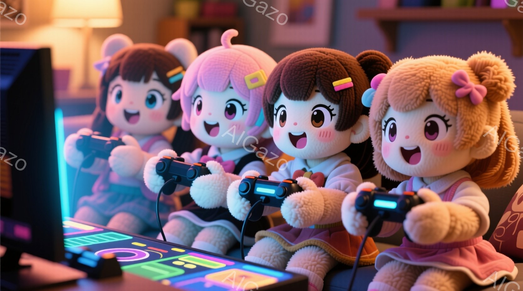 画像には、四人のキャラクターがゲーム機のコントローラーを握りながら楽しそうにゲームをプレイしている様子が描かれています。キャラクターたちは、柔らかい毛皮のような質感の服を着ており、髪型や髪色はそれぞれ異なります。左から、茶色の髪と青い目を持つキャラクター、ピンクの髪と紫色の目を持つキャラクター、茶色の髪と黄色いリボンを持つキャラクター、そして茶色の髪とピンクのリボンを持つキャラクターです。彼らは笑顔で、ゲームに没頭している様子が伺えます。