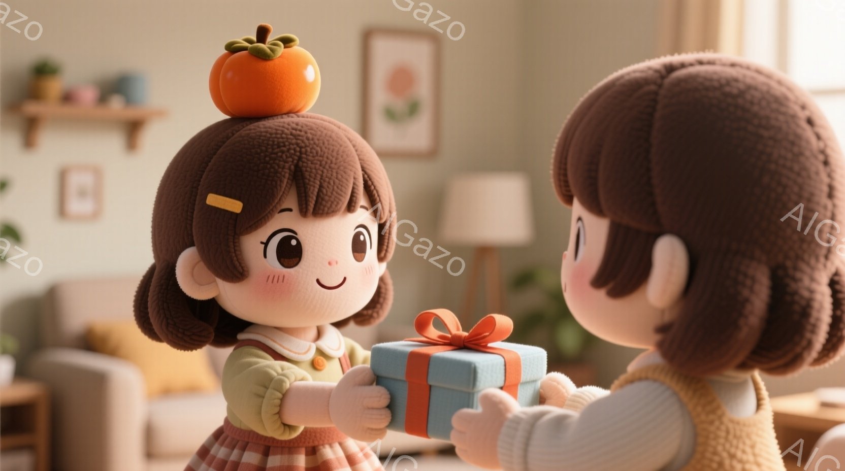 画像には、かわいいキャラクターが二人います。一人は頭の上に柿の形をしたオブジェクトを載せています。もう一人は、青い箱にオレンジ色のリボンが付いたプレゼントを手渡しています。背景には、シンプルな家具と植物があり、暖かい色調の部屋が描かれています。