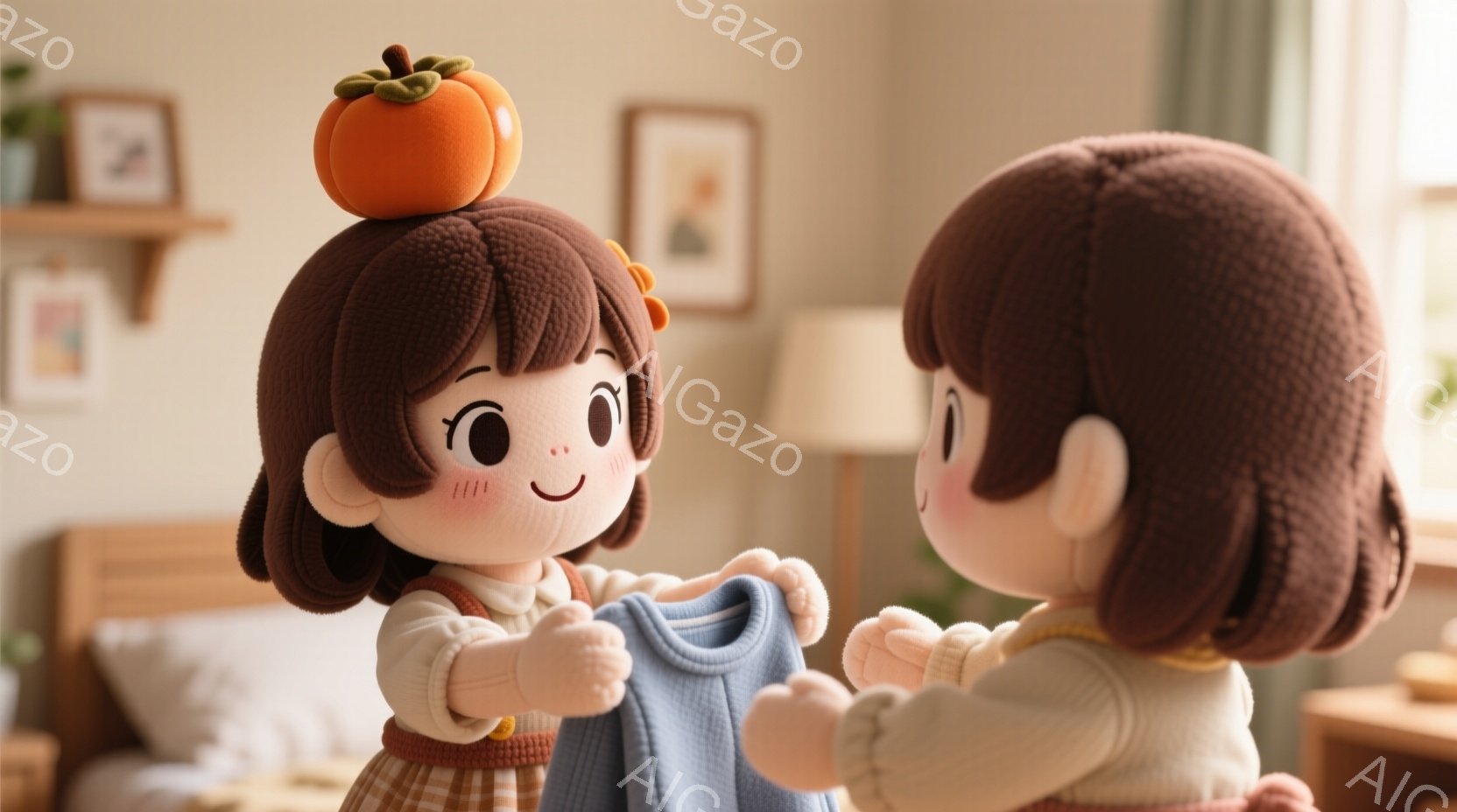 画像には、かわいいキャラクターが二人います。一人は頭に柿の飾りをつけており、もう一人は背中を向けています。二人とも暖かい表情をしており、親しみやすい雰囲気です。背景にはベッドと棚があり、部屋は明るく、落ち着いた雰囲気です。